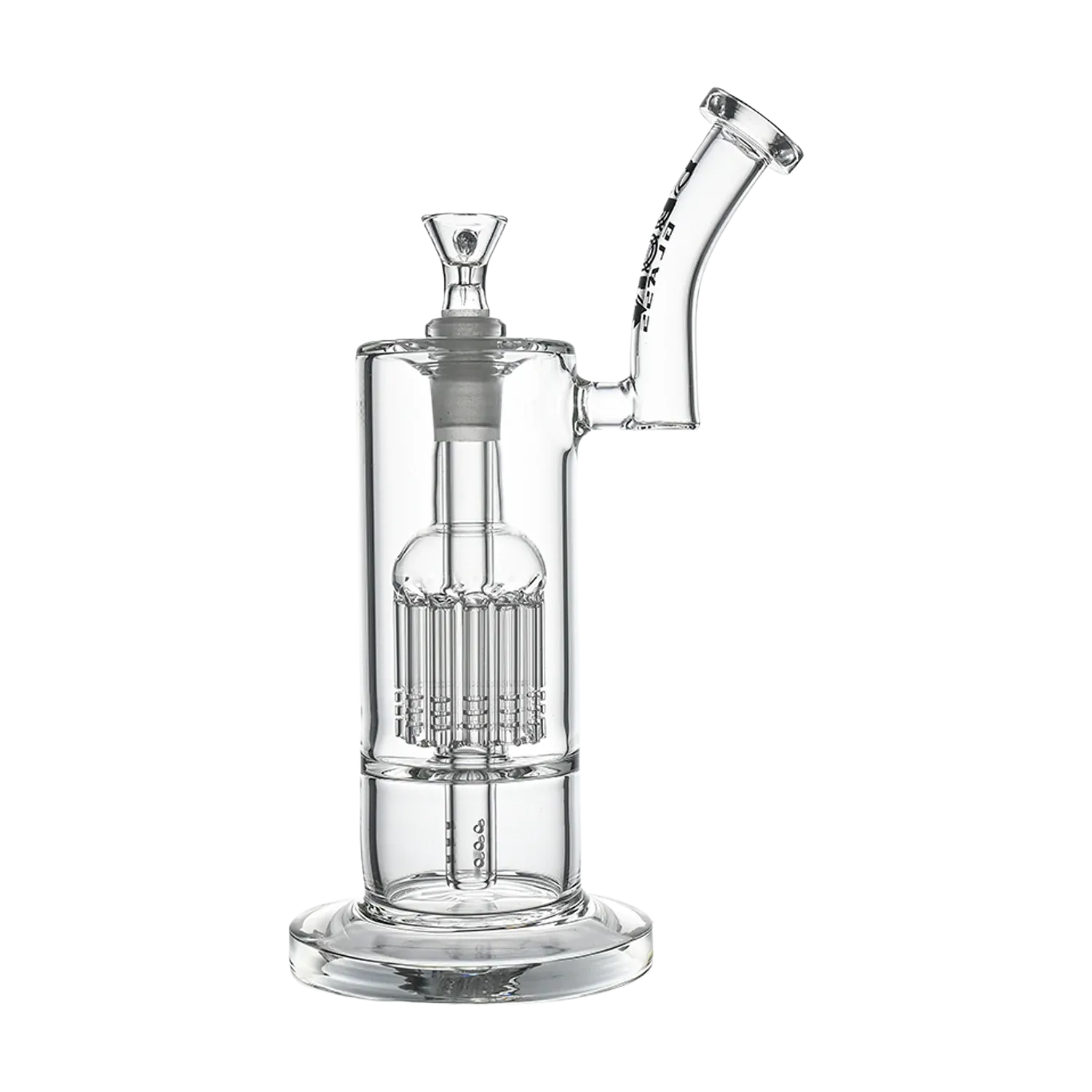 Right-side profile of the Croia Glass 10" Dual Chamber Scientific Bubbler Tree Perc Glass Bong showing its clear glass dual chambers, vertical tree percolator, and angled mouthpiece against a white background.