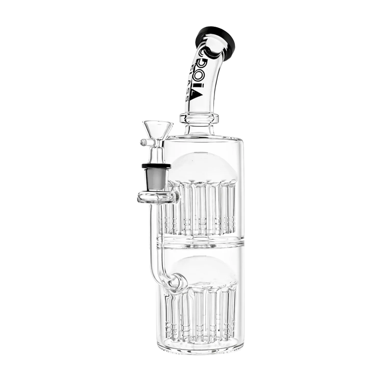 Right-side close-up of the clear Croia Glass 11" Double Tree Perc Scientific Glass Bong showing stacked percolators and angled mouthpiece with logo.