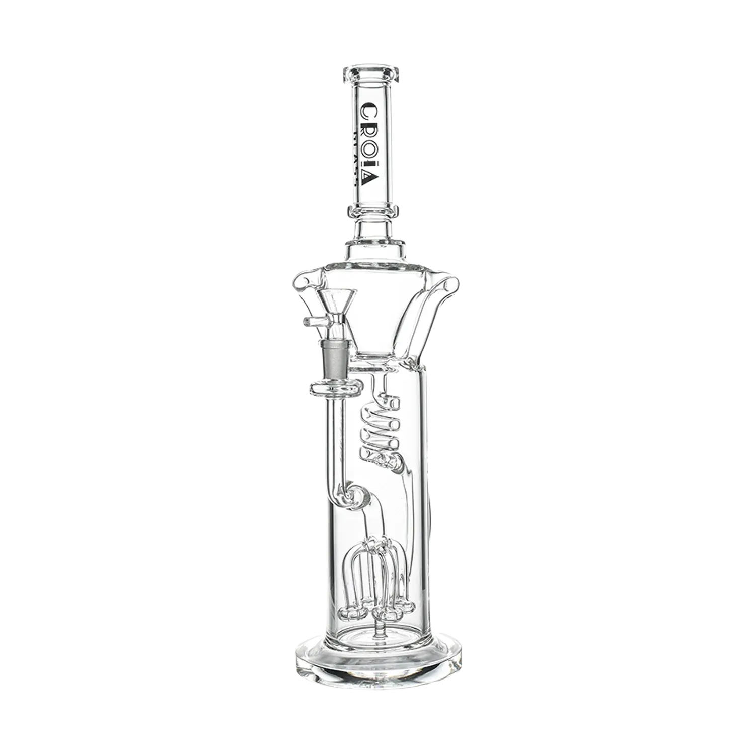 Straight-on view of the clear Croia Glass 15" Scientific Glass Bong with Tree Perc & Spiral Cooling showing internal percs.