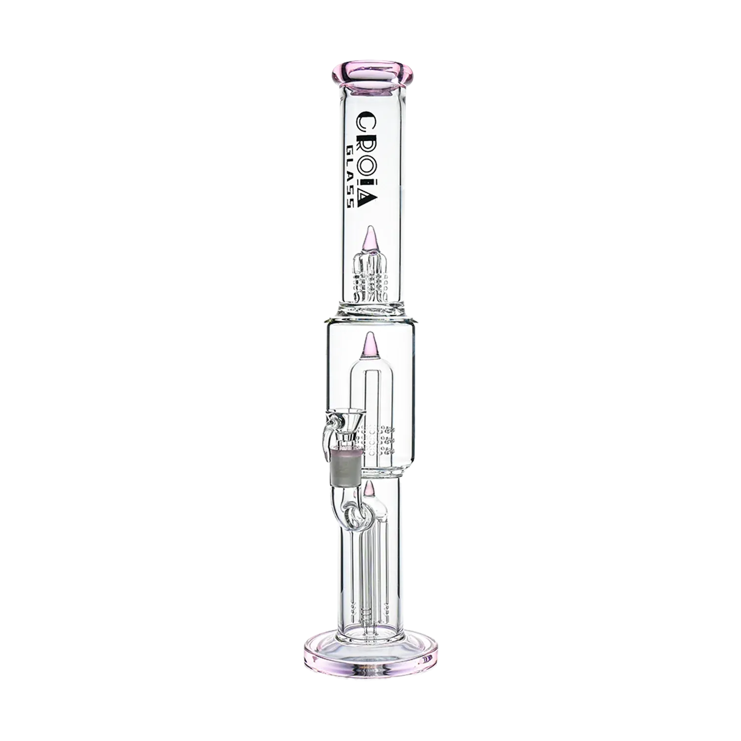 Vertical studio shot of the Croia Glass 16" Triple Rocket-Perc Scientific Glass Bong | Croia Glass centered on white with pink accents on the mouthpiece and base.