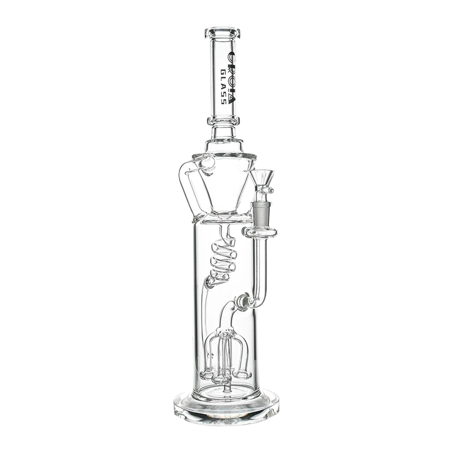 Centered studio shot of the clear Croia Glass 15" Scientific Glass Bong with Tree Perc & Spiral Cooling showing its straight tube, spiral inner cooling coil and tree percolator.