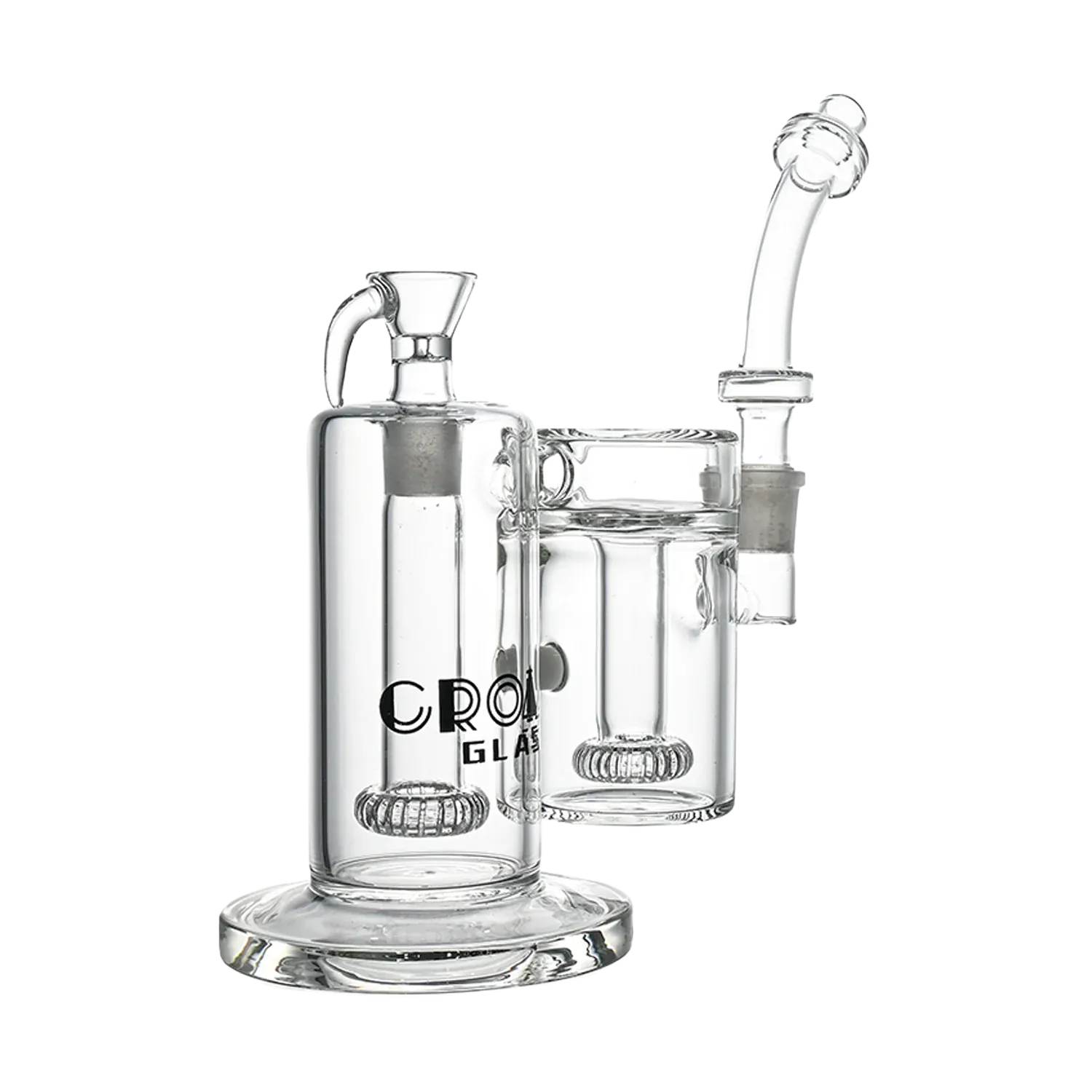 Right-side close-up of the clear Croia Glass 10" Dual-Chamber External Recycler Bong showing its dual chambers, percolators, and angled mouthpiece against a white background.