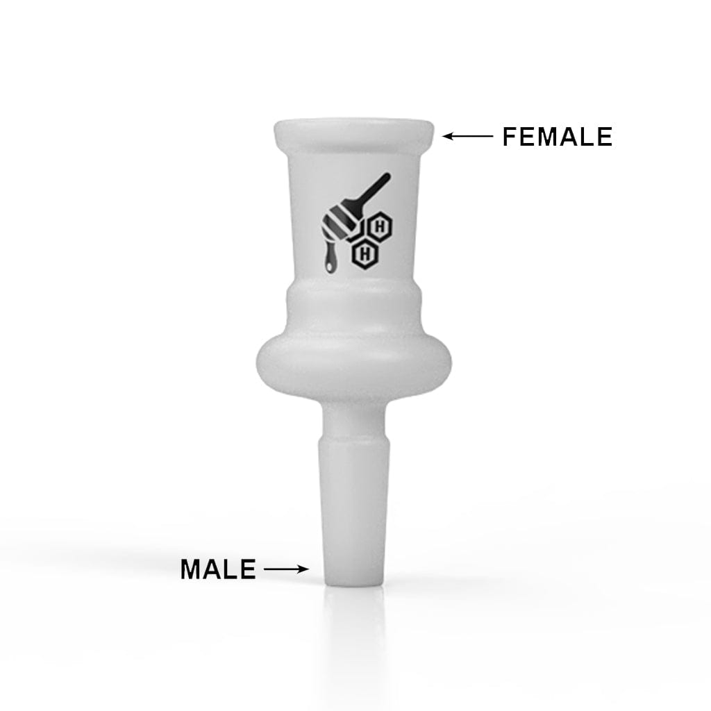 Centered studio shot of a white Honeybee Herb Glass Converter Adapter showing its frosted female top, tapered male stem, and honey-dipper logo.