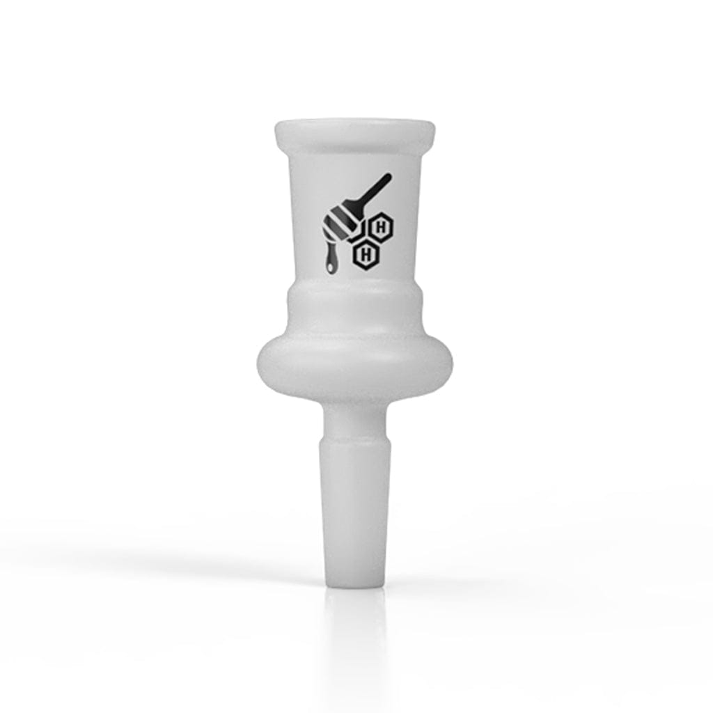 Centered front view of a white Honeybee Herb Glass Converter Adapter standing upright on a white background with a small honey-dipper logo visible.