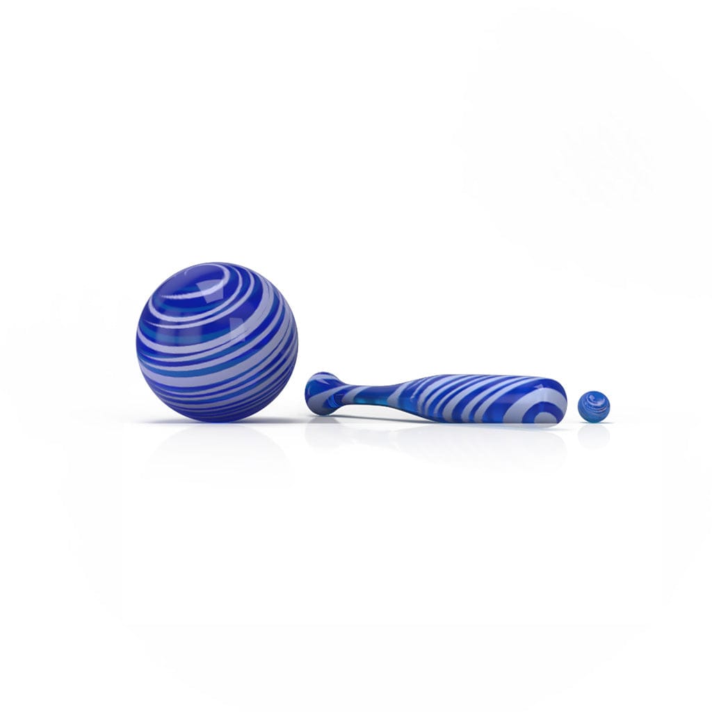 Low-angle shot of a red Honeybee Herb Dab Baseball Set showing three striped glass pieces—large ball, bat-shaped piece, and small marble—on a white background.