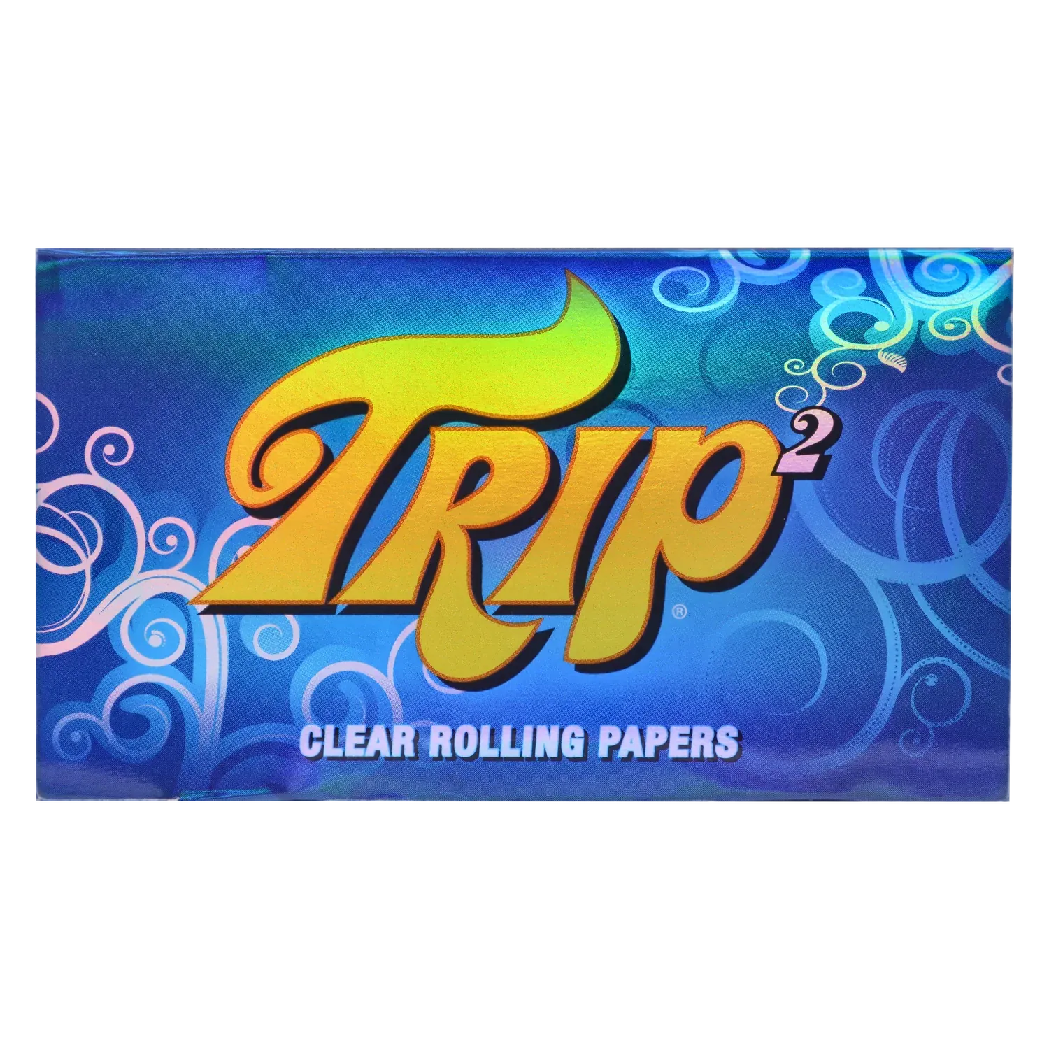 Close-up front view of the Trip 2 Cellulose Papers box showing a large yellow "Trip²" logo on a blue swirled background above the words "CLEAR ROLLING PAPERS."