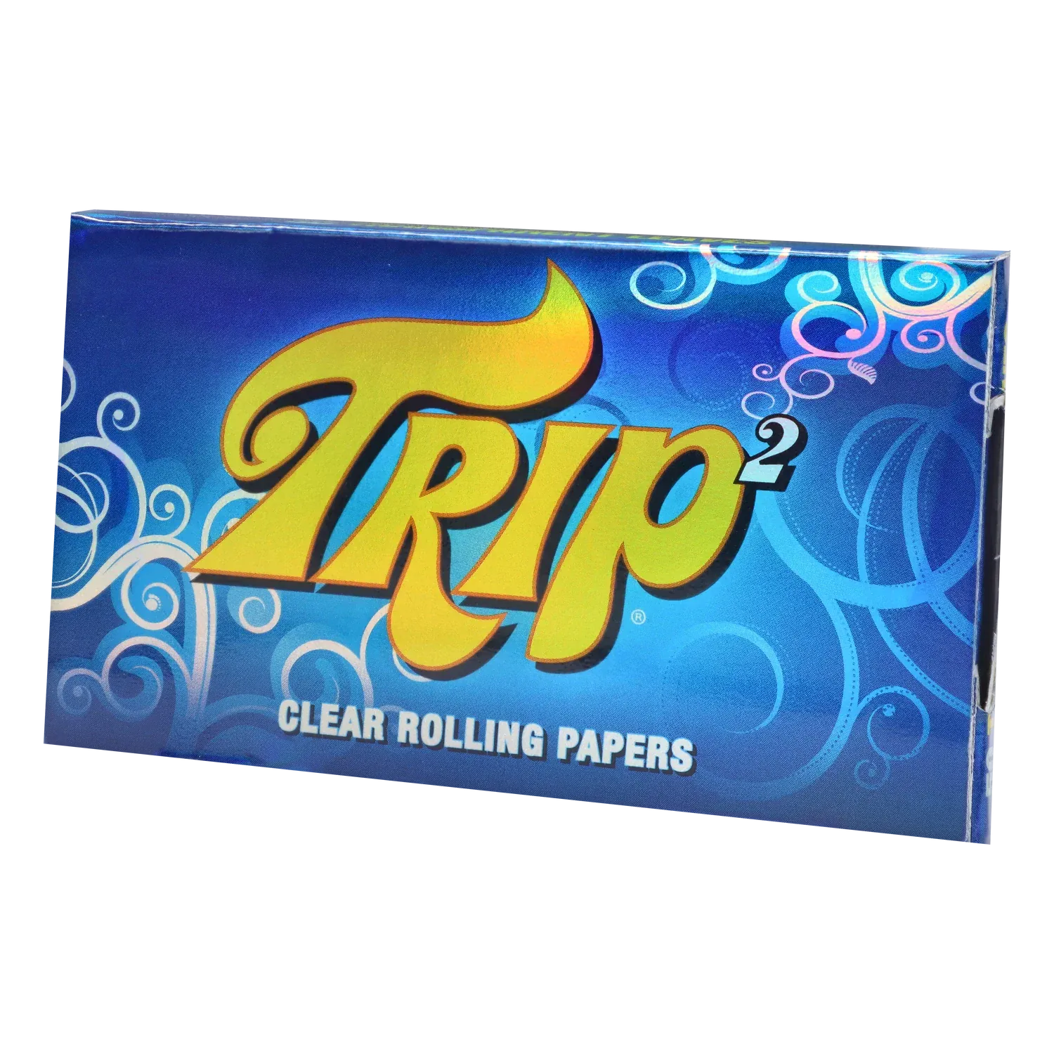 Close-up of the blue packaging showing the bold yellow "Trip 2 Cellulose Papers" logo against swirling light-blue decorative patterns.