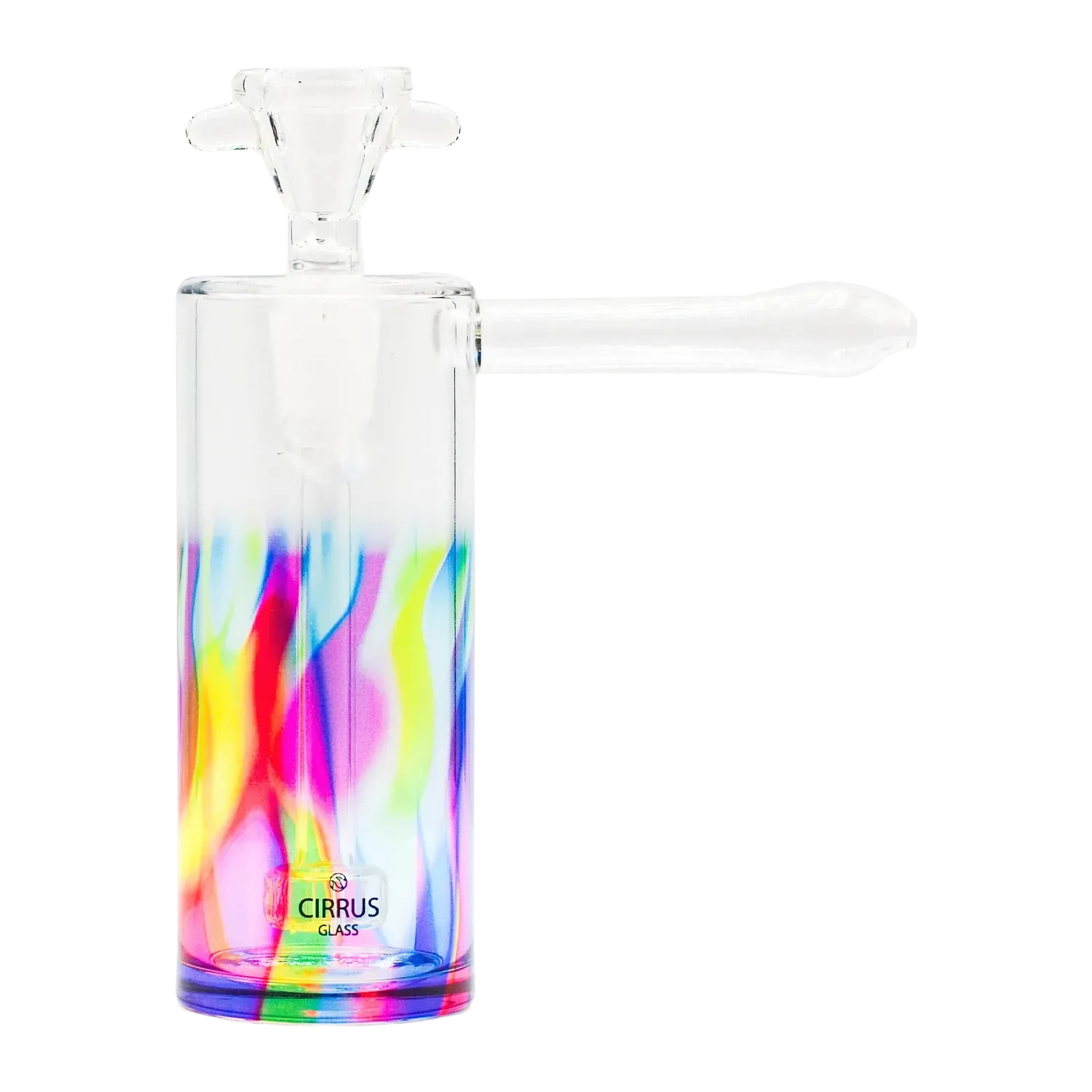 Close-up front view of the Cirrus Bubble - Rainbow glass tube showing vibrant rainbow swirls along the lower cylinder and a clear glass bowl on top.