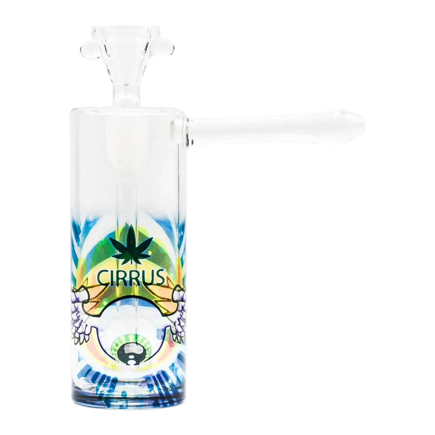 Close-up front view of the Cirrus Bubble - Robby glass piece with colorful decal art and a clear side handle against a white background