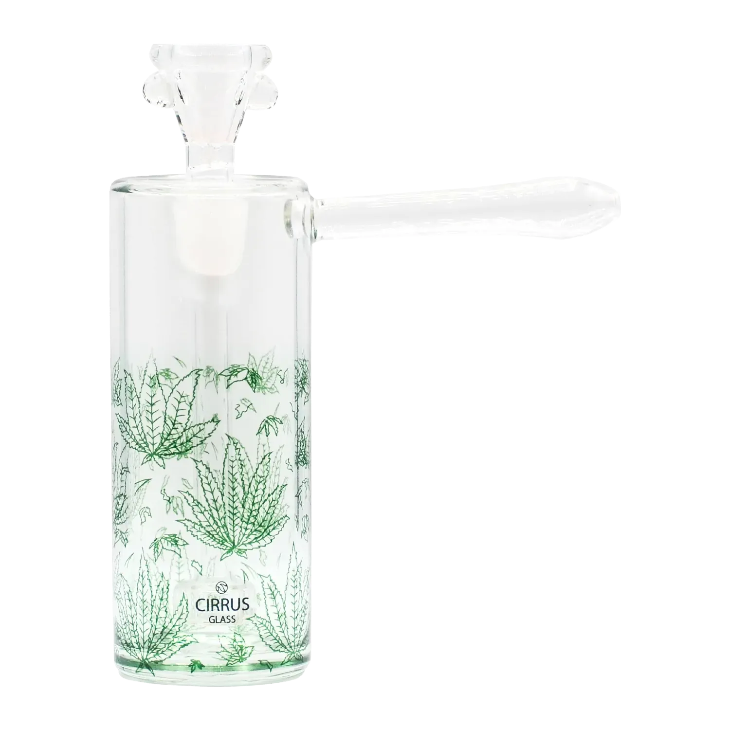 Right-side profile close-up of a clear glass piece decorated with green leaf prints, showing the mouthpiece and logo of Cirrus Bubble - Sativa