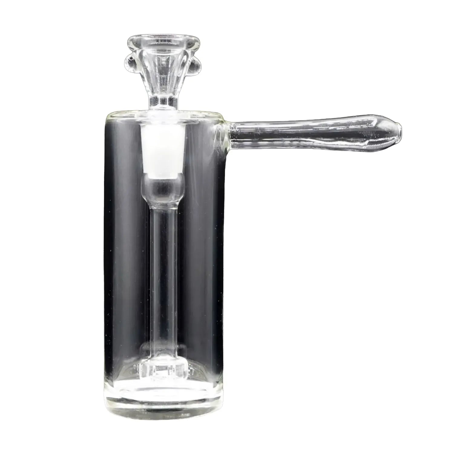 Close-up front view of the clear Cirrus Bubble - Natural glass piece showing its vertical chamber and horizontal handle against a white background