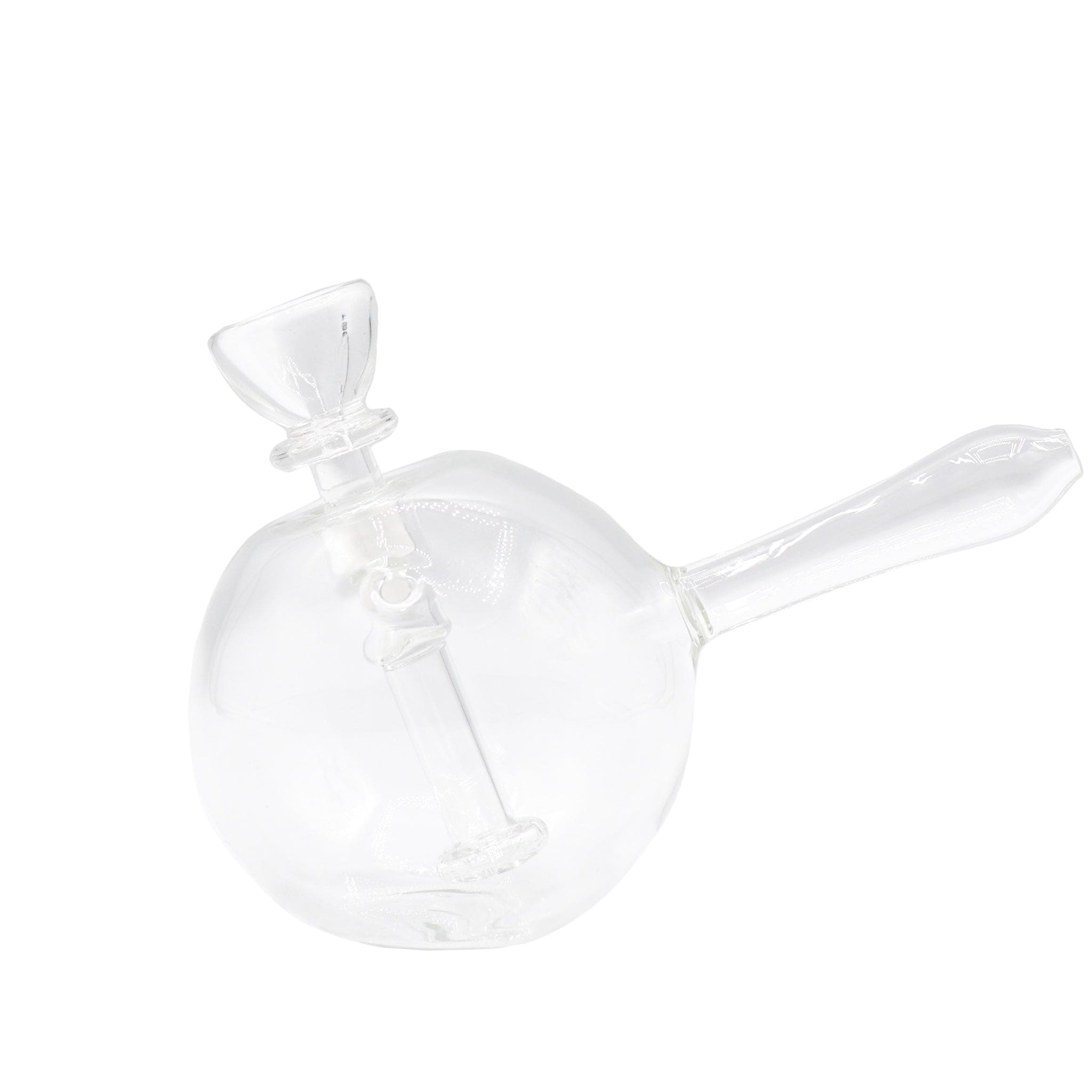 Close-up, angled view of the clear Cirrus Orb glass piece showing its bowl, neck, and spherical chamber against a white background