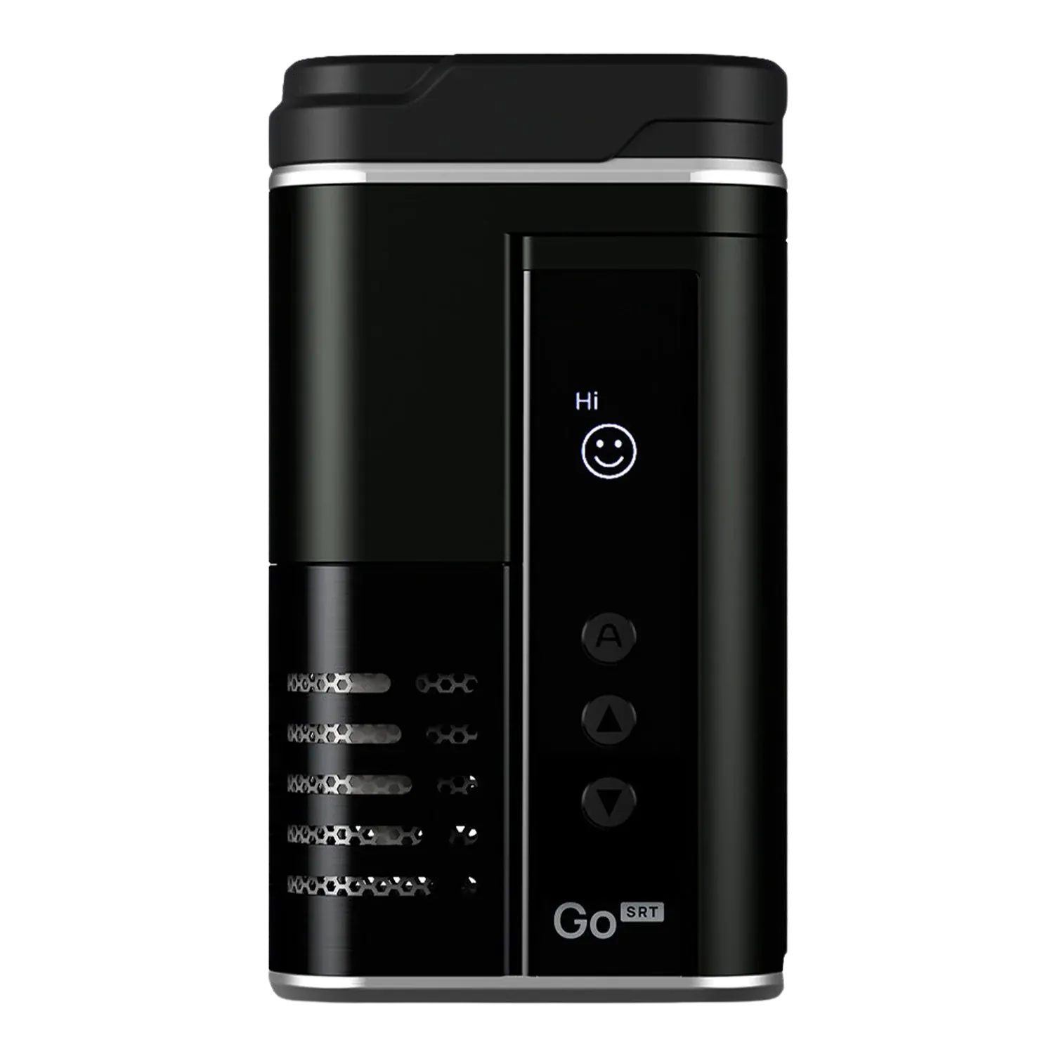 Front-facing close-up of the black Arizer Go SRT Vaporizer showing its glossy control panel, smiley-face display, and vented side.