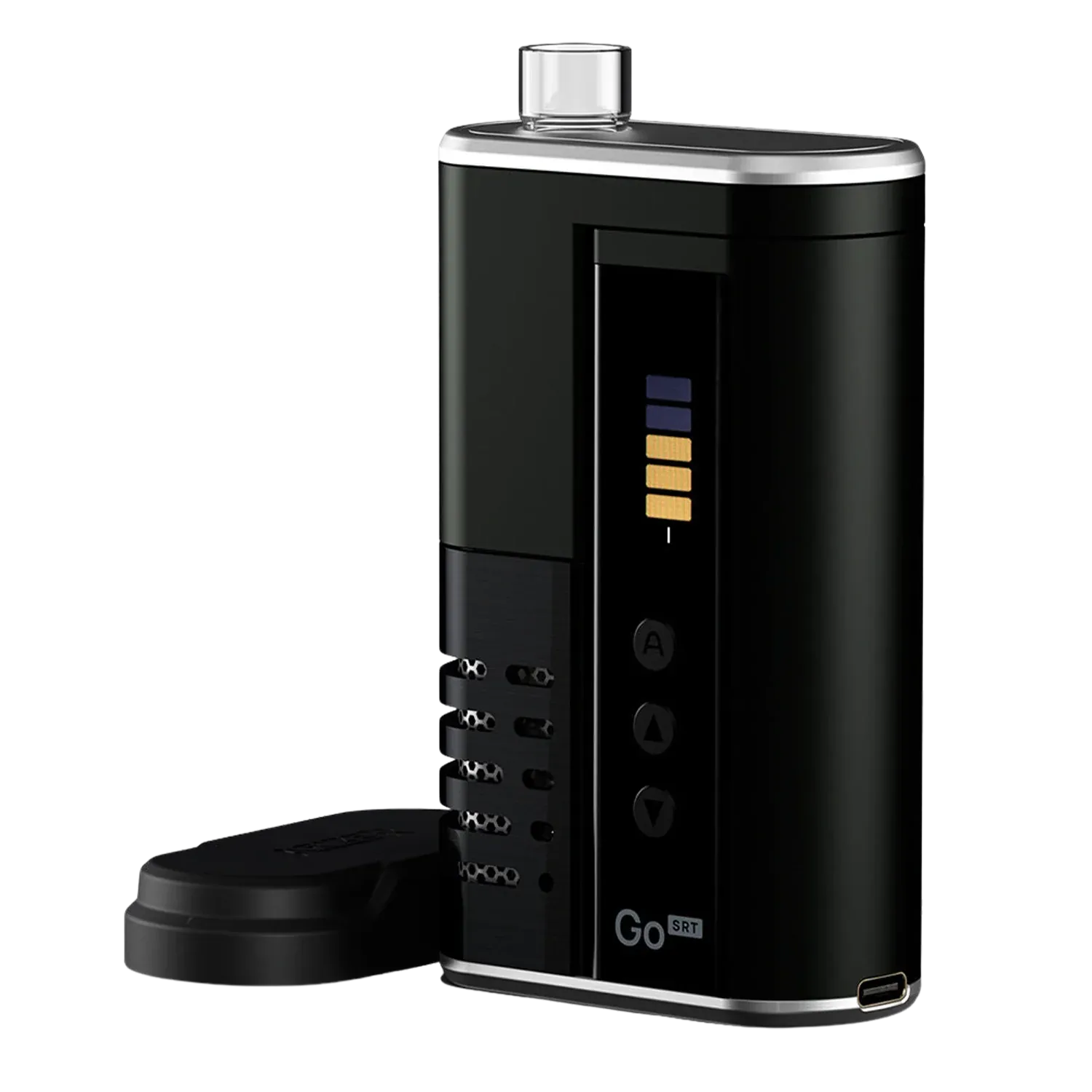 Angled close-up of the black Arizer Go SRT Vaporizer showing its top glass mouthpiece, side LED bars, buttons, and open chamber lid.