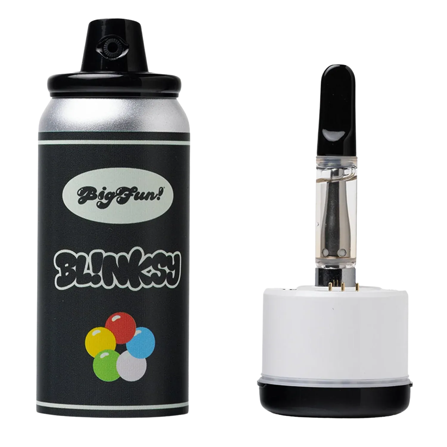 Close-up front view of the black BIGFUN! Blinksy Vaporizer canister with colorful bubble graphic beside its white cartridge base and transparent vape cartridge.