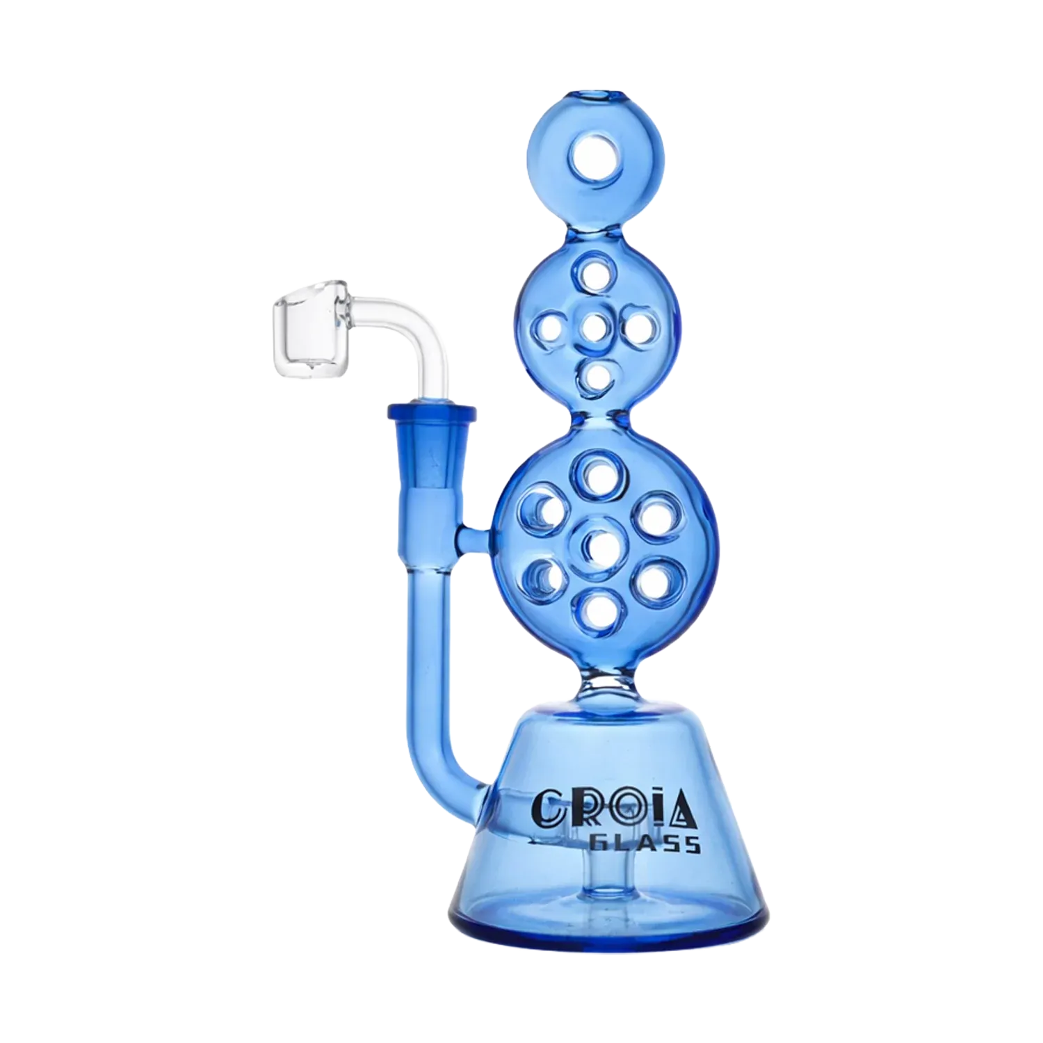 Right-side view of the blue Croia Glass 8" Triple Stack Swiss Perc Recycler Dab Rig showing stacked circular percs and joint.