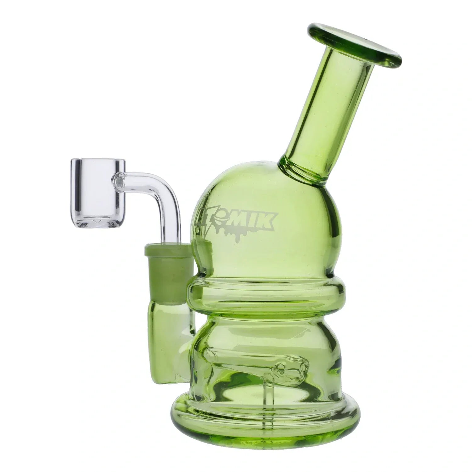 Close-up side view of the green Atomik - Special Edition Water Pipe - 5.5in showing its angled mouthpiece, rounded chamber and clear glass nail against a white background.