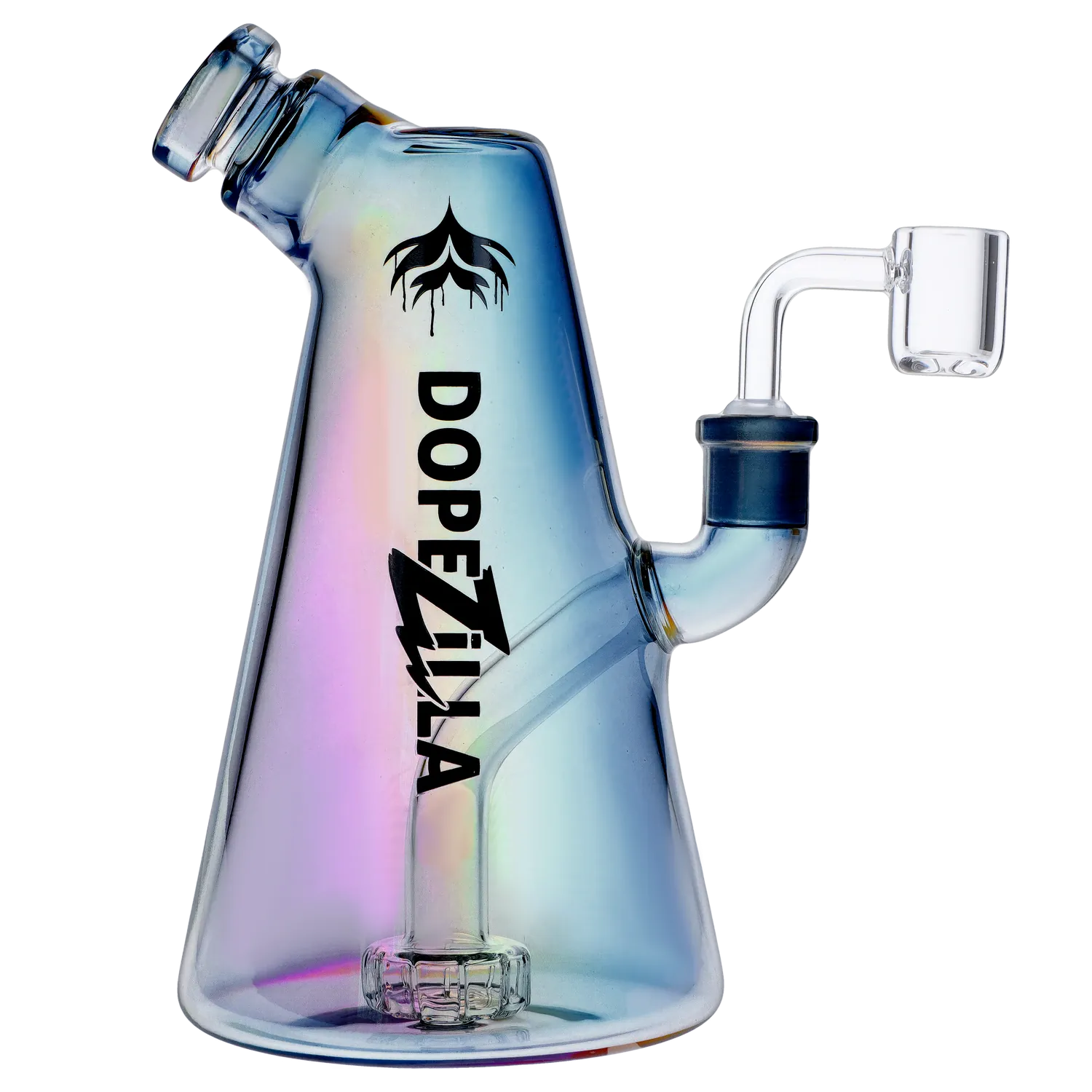 Angled side view of the iridescent Dopezilla Sylph Dab Rig 7.7" showing its slanted mouthpiece, side joint and bold vertical logo on a light background