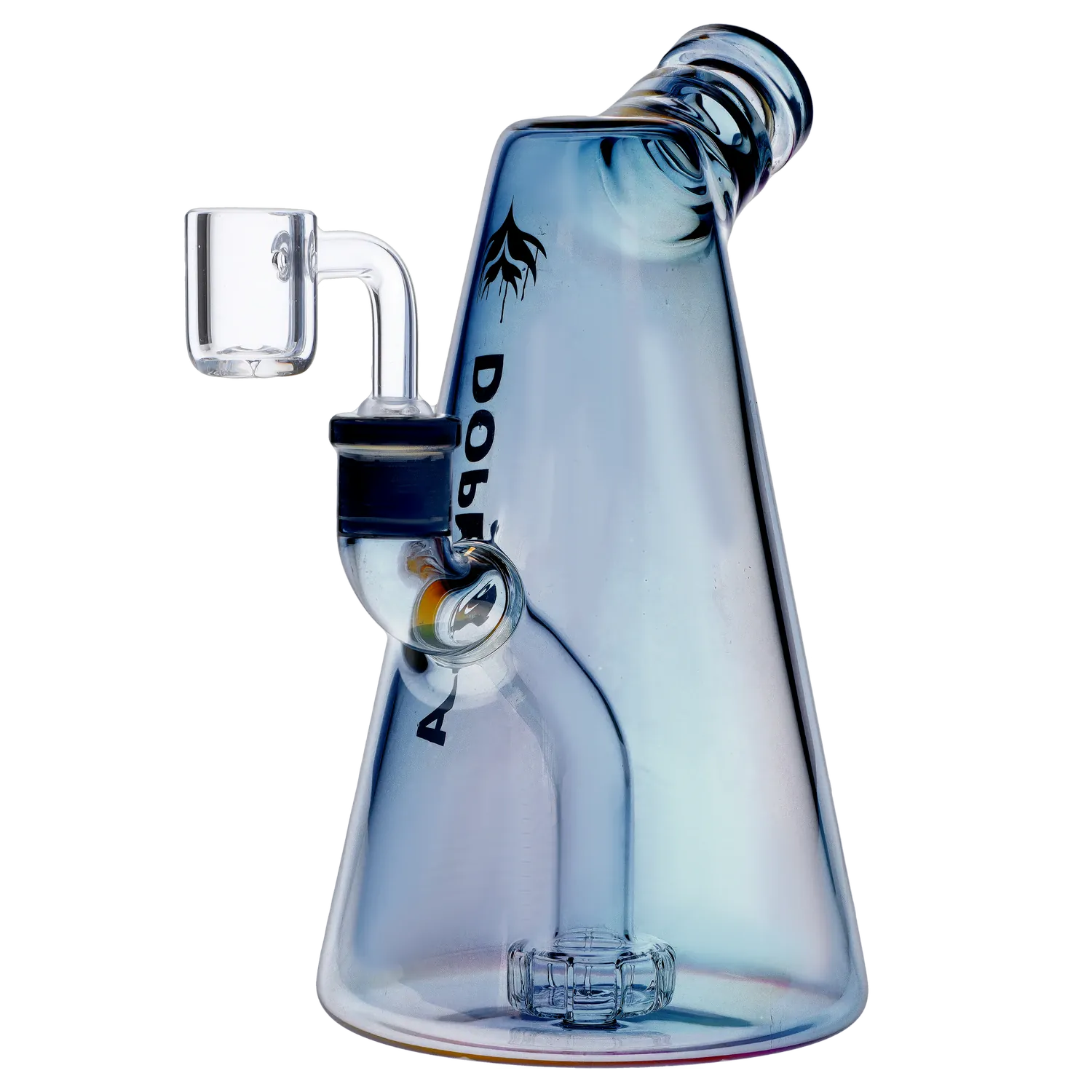 Angled close-up of the blue-tinted Dopezilla Sylph Dab Rig 7.7" showing its slanted neck, quartz banger, and inner percolator against a pale background