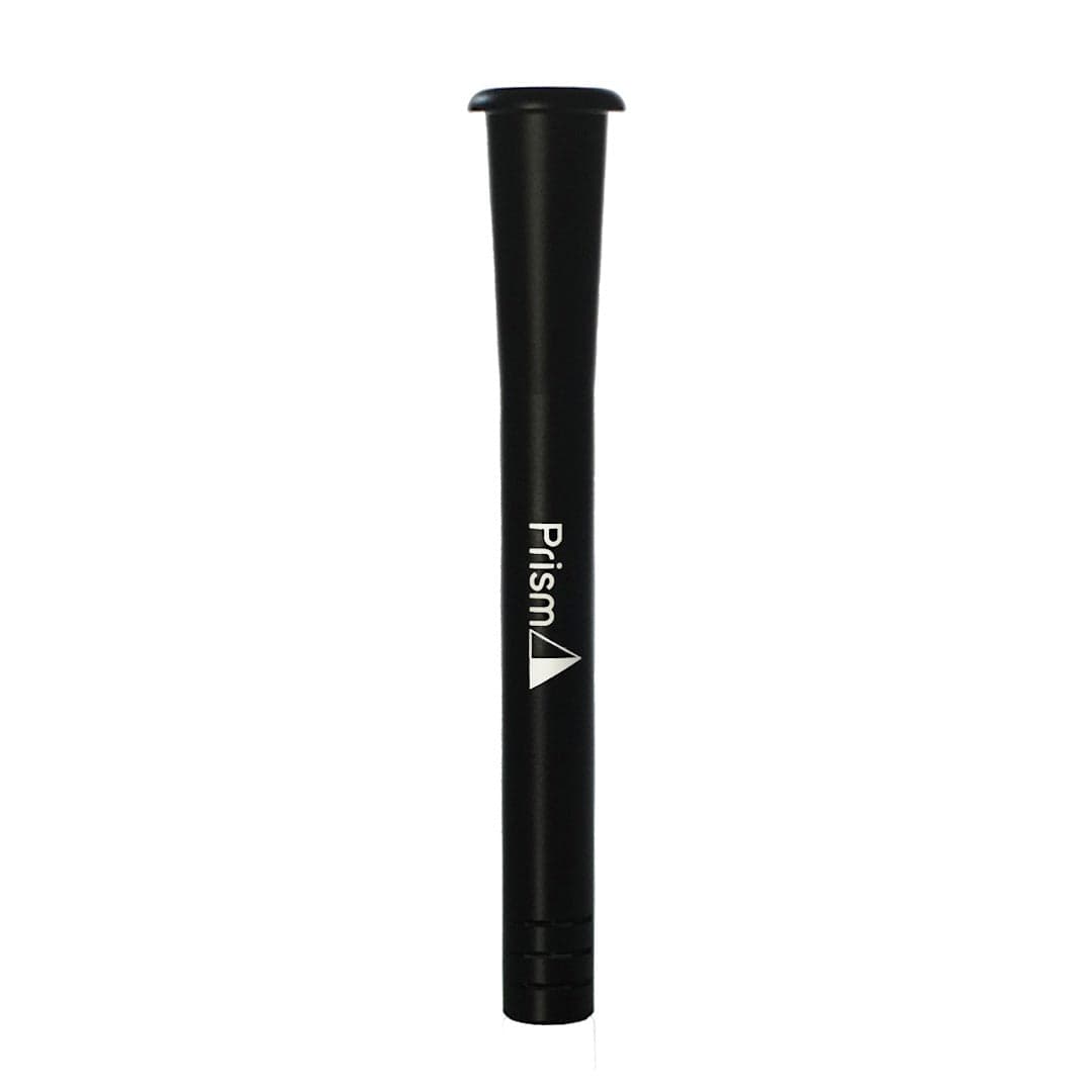 Center-frontal view of the black Prism Prism Metal Downstem standing upright on a white background, showing its printed logo.