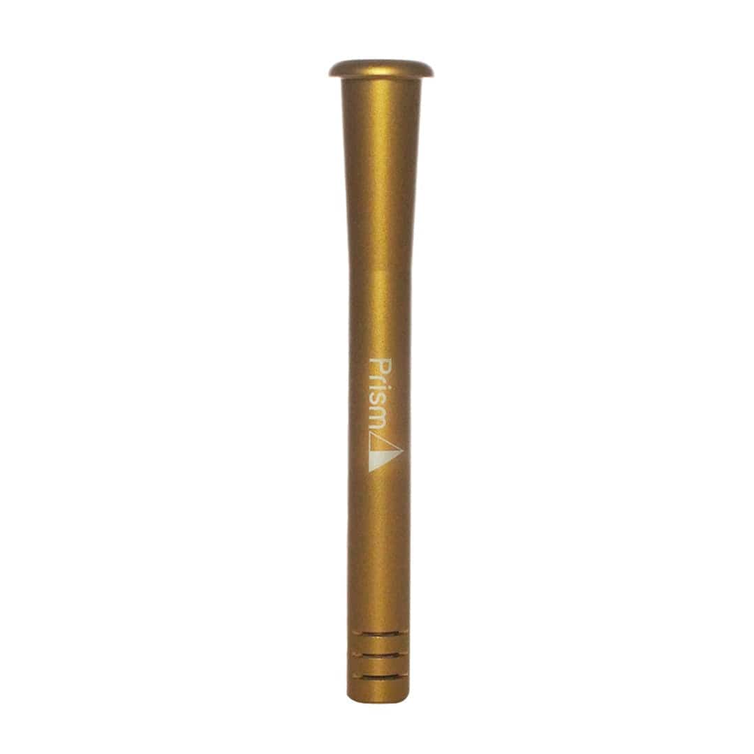 Centered vertical view of the gold Prism Prism Metal Downstem against a white background, showing its flared top, engraved logo, and three slotted grooves at the base.