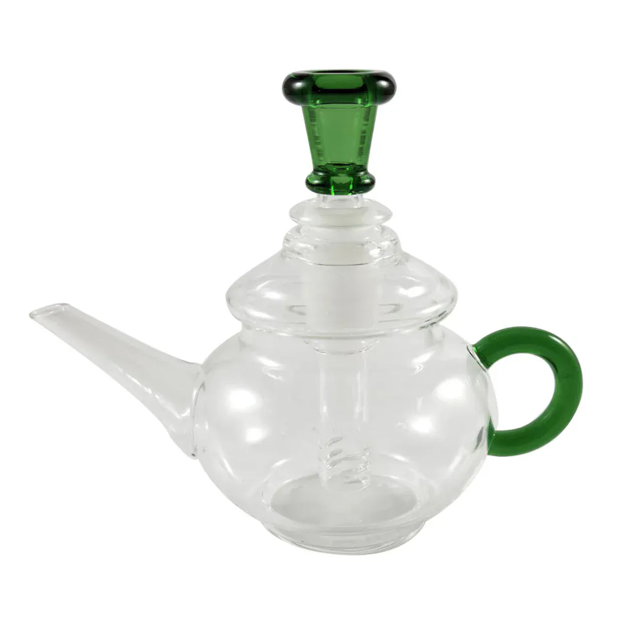 Angled studio shot of the High Tea Bubbler showing its clear glass teapot body with a green handle and matching green stopper.