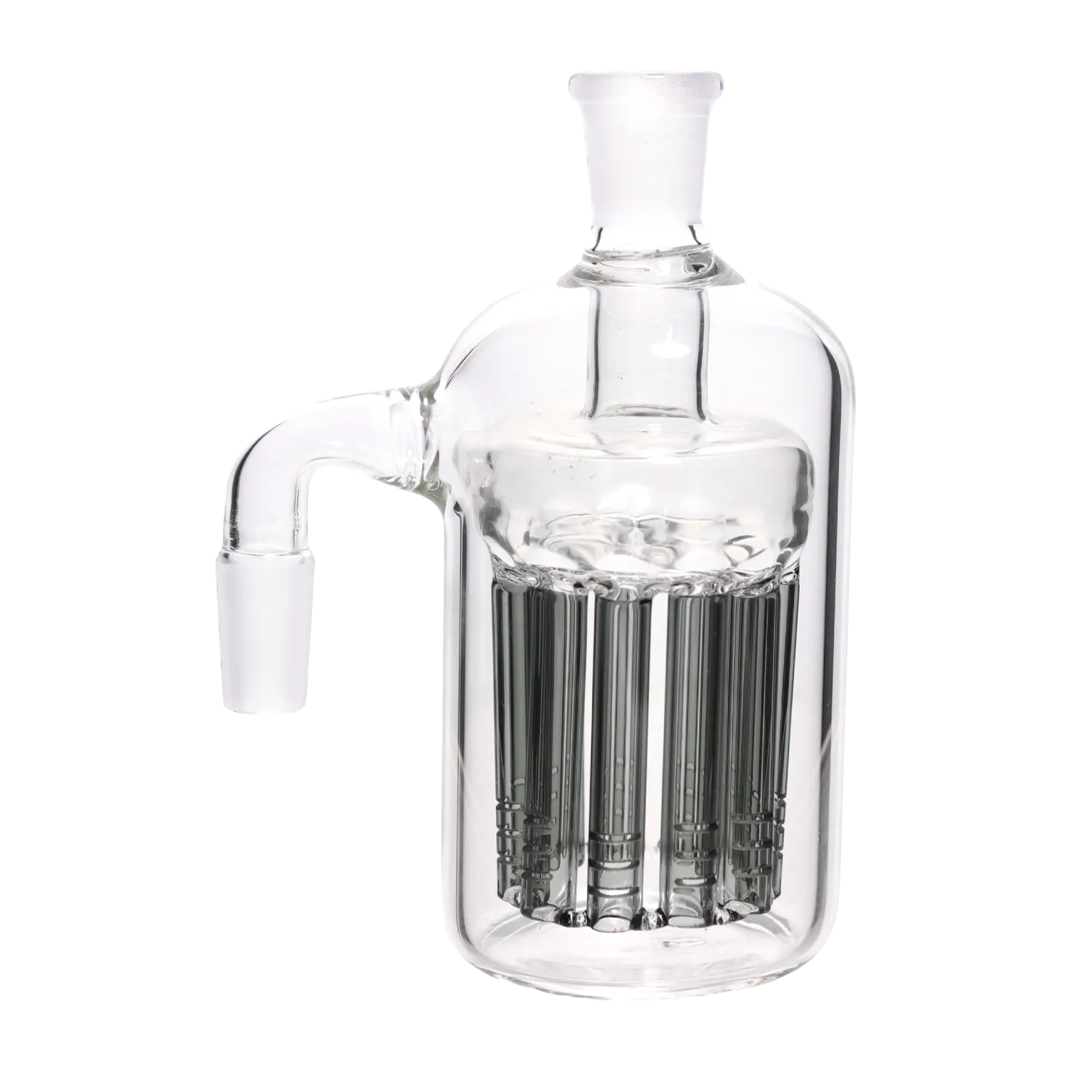 Close-up front view of the DHC 12 Arm Tree Perc Ash Catcher - 90 degree - 14mm showing its clear glass body, stacked vertical percolator arms and 90-degree joint.