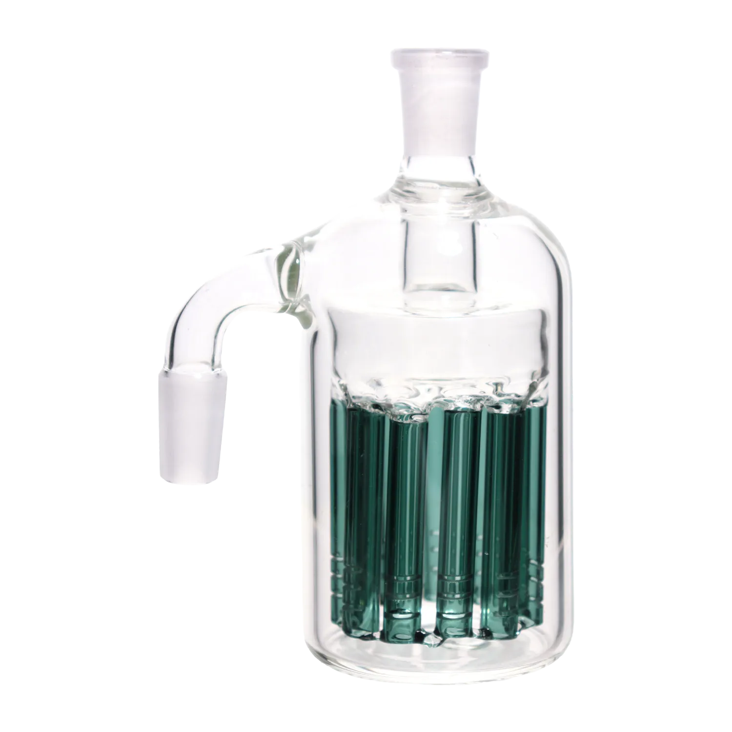 Close-up front view of the DHC 12 Arm Tree Perc Ash Catcher - 90 degree - 14mm showing its clear glass body and visible blue-green tree of twelve vertical percolator arms.