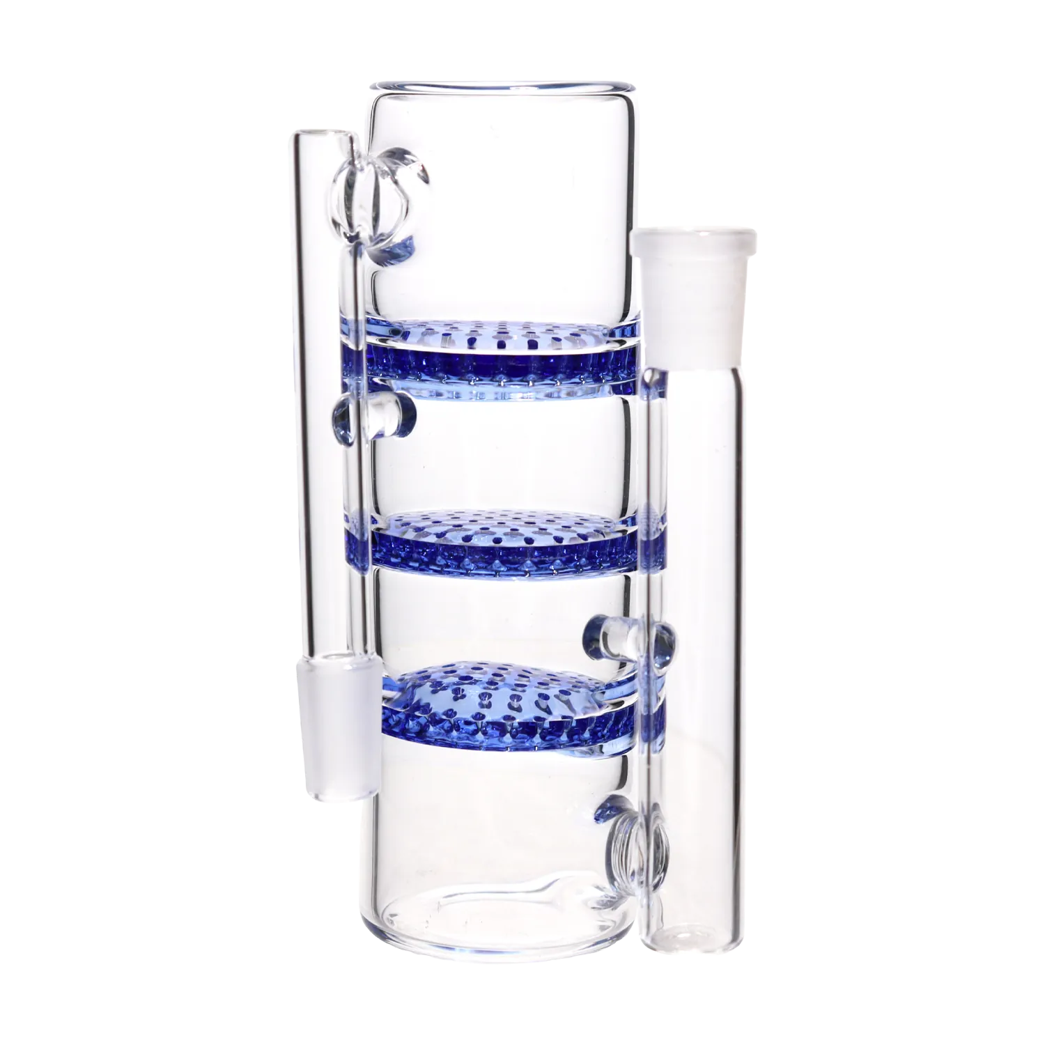 Close-up, straight-on view of the DHC Triple Honeycomb Ash Catcher - 90 degree - 14mm showing three stacked blue honeycomb percolator discs inside clear glass.
