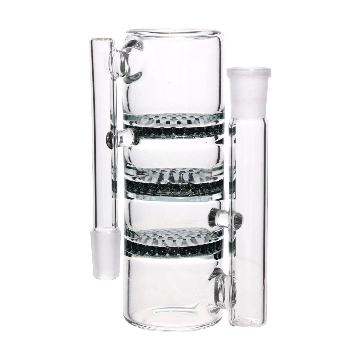 Close-up front view of the clear DHC Triple Honeycomb Ash Catcher - 90 degree - 14mm showing stacked honeycomb disc percolators and glass joint detail.