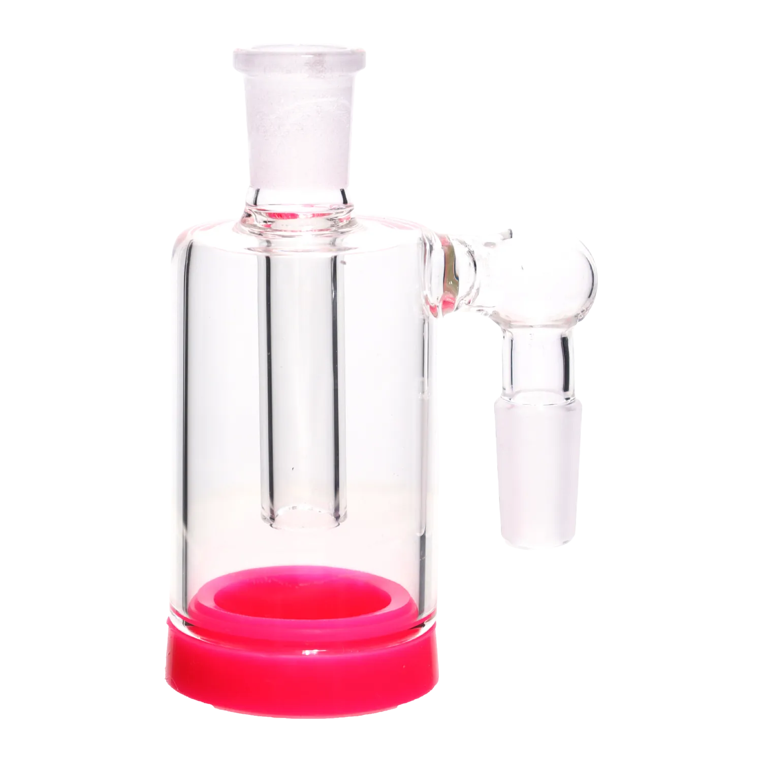 Close-up, front-right view of the clear DHC 4-inch Silicone Base Reclaim Ash Catcher - 90 degree - 14mm showing its cylindrical glass chamber, angled joint, and visible pink silicone base.