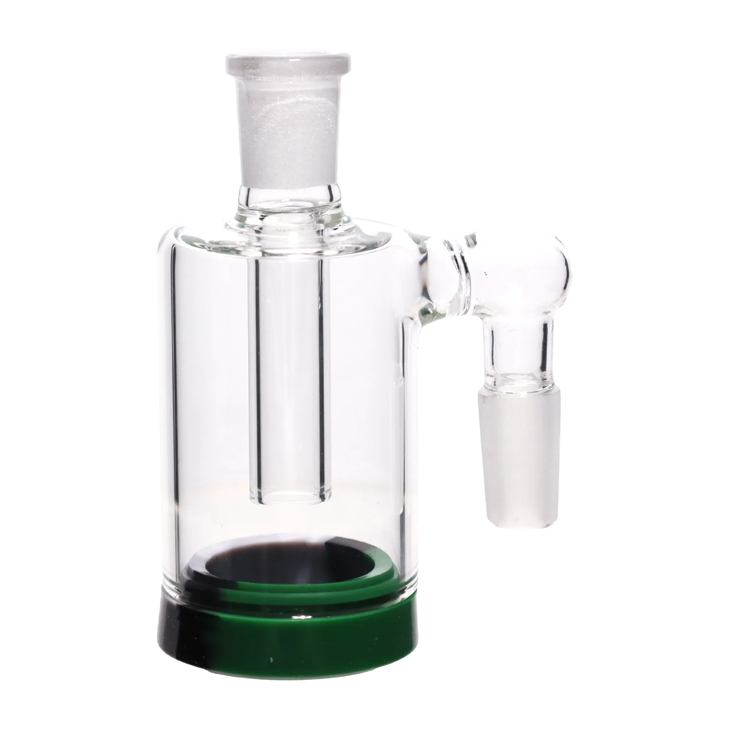 Close-up, slightly angled view of the clear DHC 4-inch Silicone Base Reclaim Ash Catcher - 90 degree - 14mm showing its green base and glass joint.
