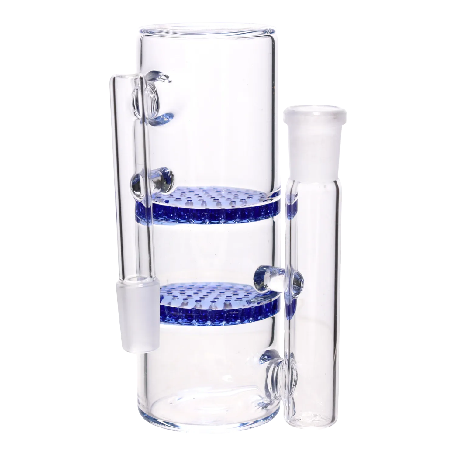 Close-up side view of the DHC Honeycomb Ash Catcher - 90 degree - 14mm showing two blue honeycomb percs inside clear glass.