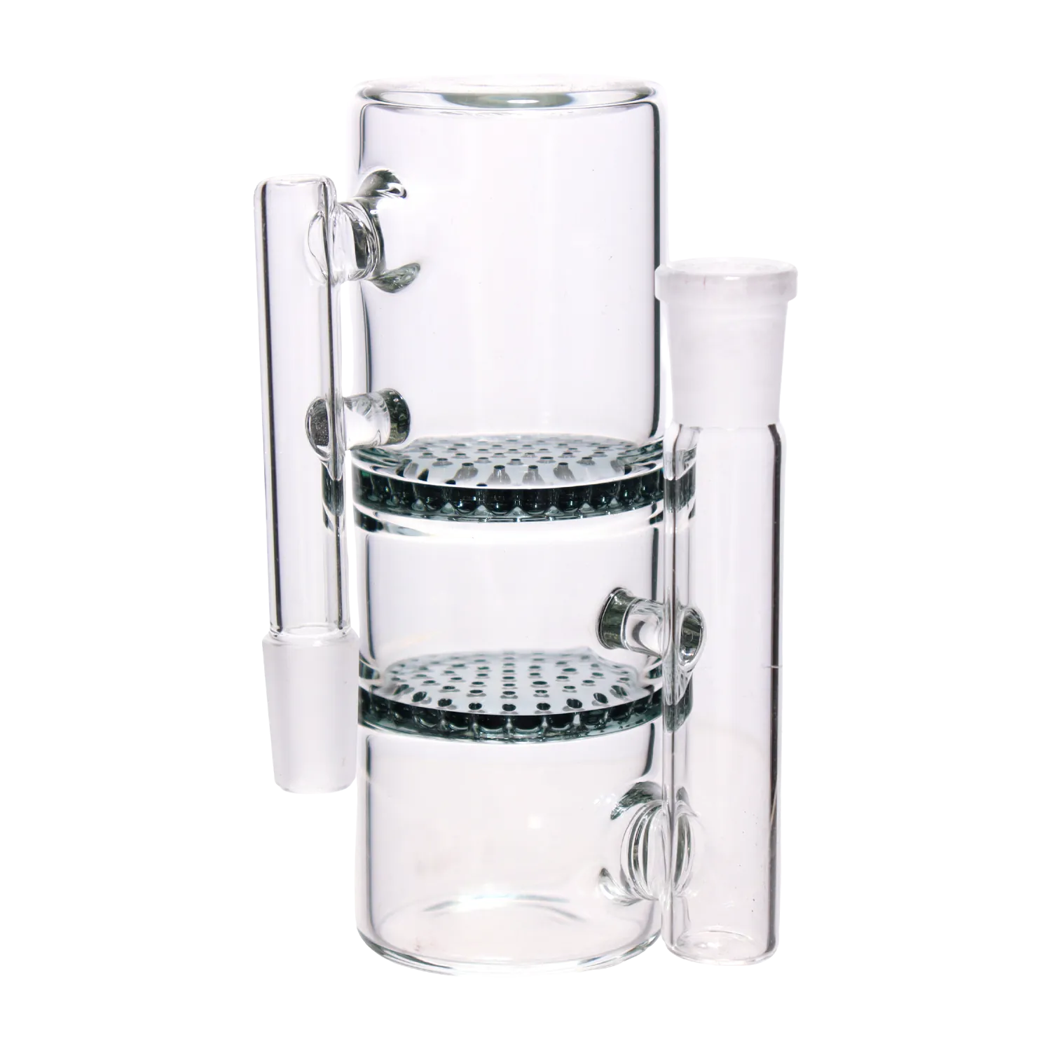 Close-up, straight-on view of the clear DHC Honeycomb Ash Catcher - 90 degree - 14mm showing its stacked dual honeycomb percolator discs and side joint.