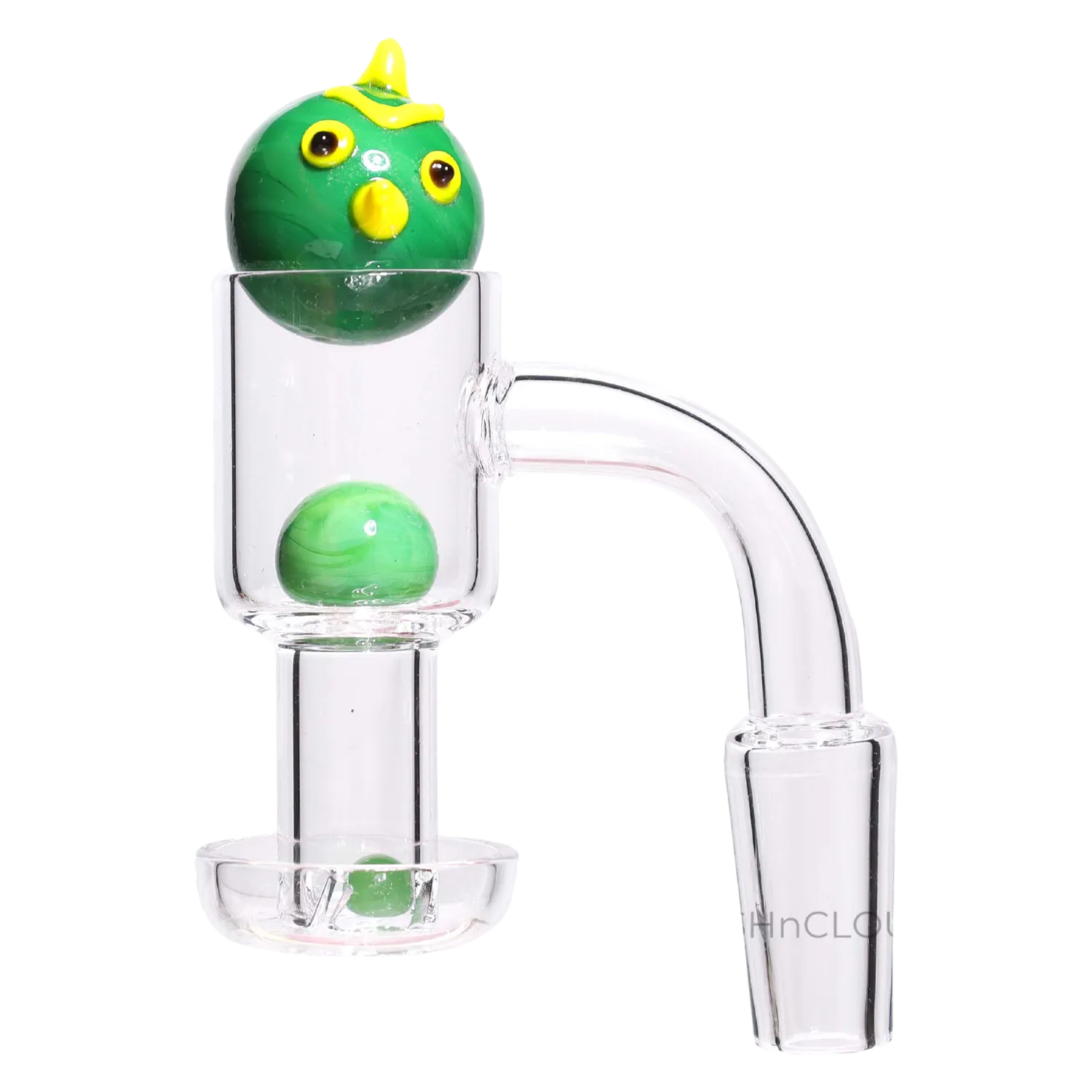 Close-up side view of a clear quartz banger with a white-backed green character marble, DHC Angry Bird Terp Slurper Banger Set - 14mm.