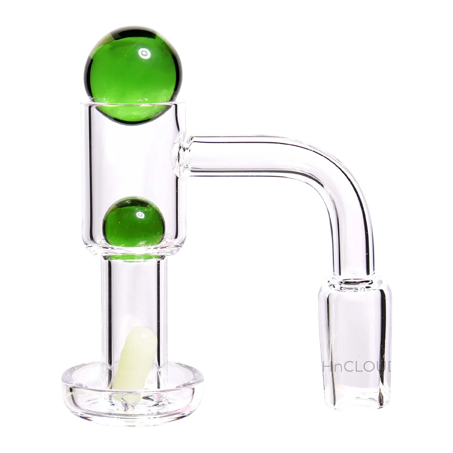 Close-up side view of the clear glass DHC Banger Set with Color Terp Beads - 90 degree - Male 14mm showing two green terp beads seated in the cylindrical chamber and a right-angled neck against a white background