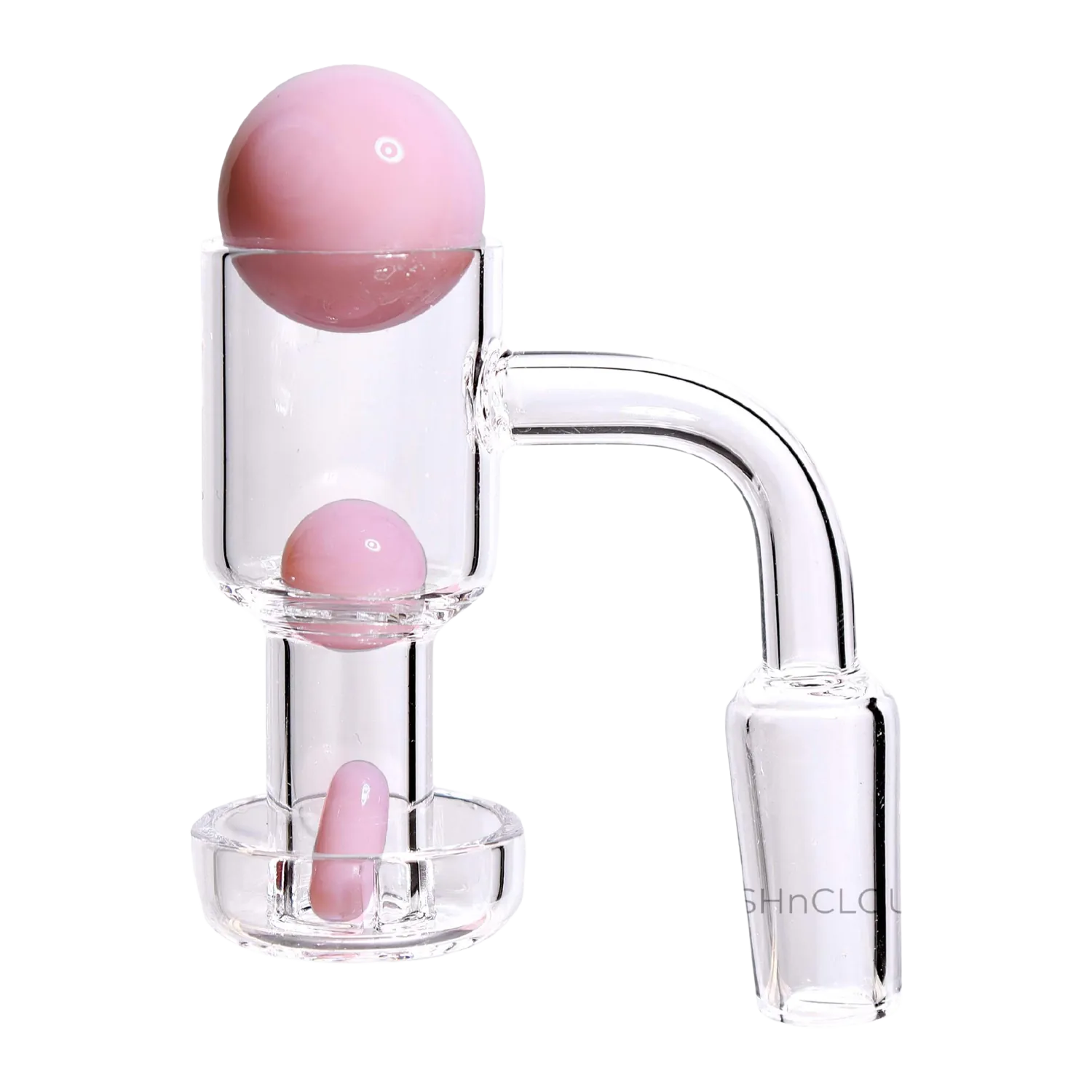 Close-up right-side view of the DHC Banger Set with Color Terp Beads - 90 degree - Male 14mm showing clear glass joints and three visible red-pink terp beads.