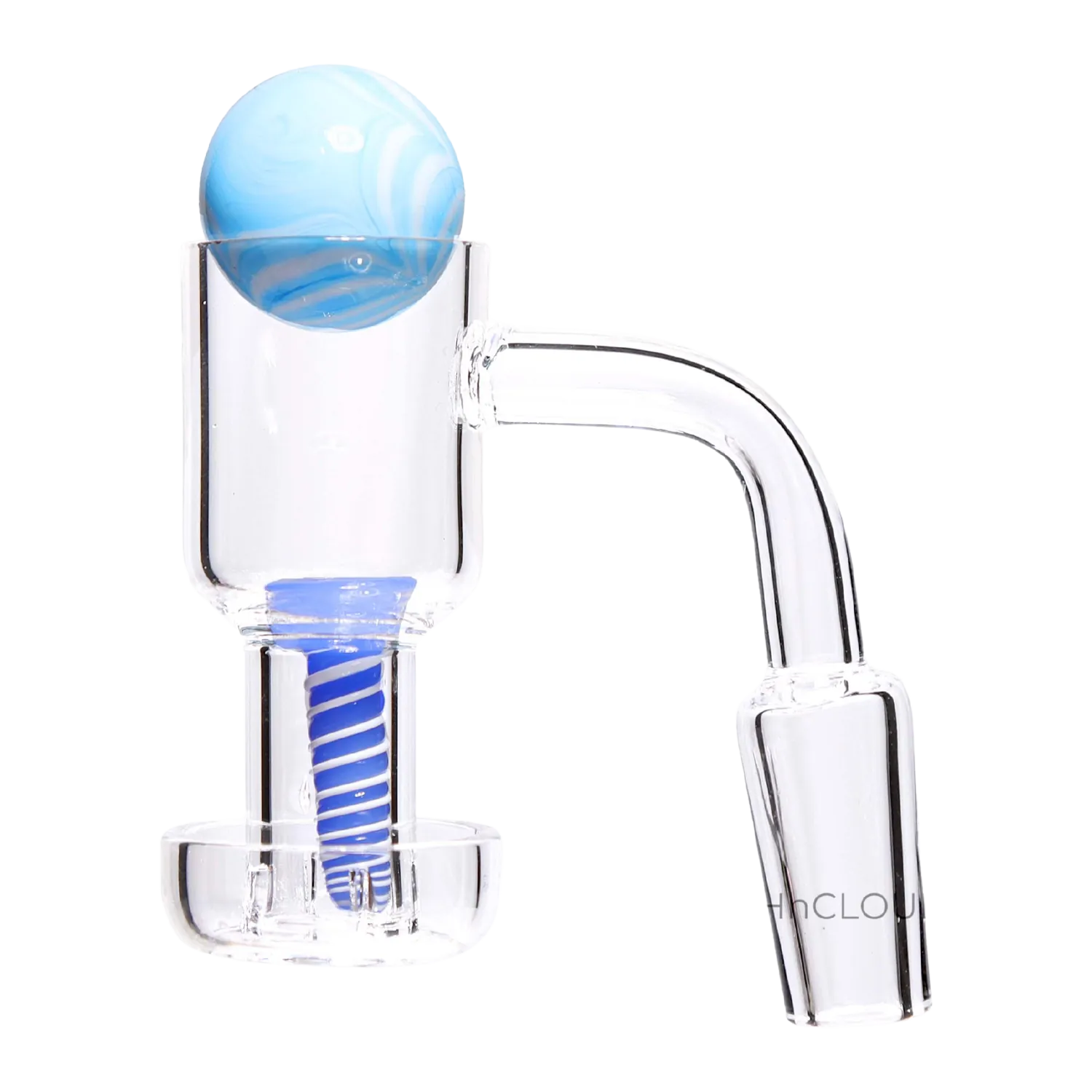 Close-up, right-angled view of the DHC Spider Terp Slurper Banger Set - 90 degree - Male 14mm showing a clear glass joint and cup with a blue marbled ball perched on the rim.