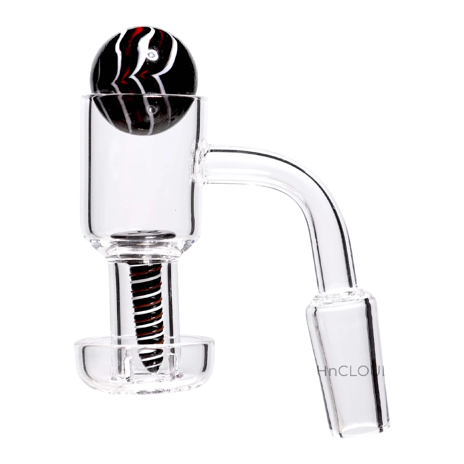 Close-up, angled view of the DHC Spider Terp Slurper Banger Set - 90 degree - Male 14mm showing clear glass joint and a black striped marble.