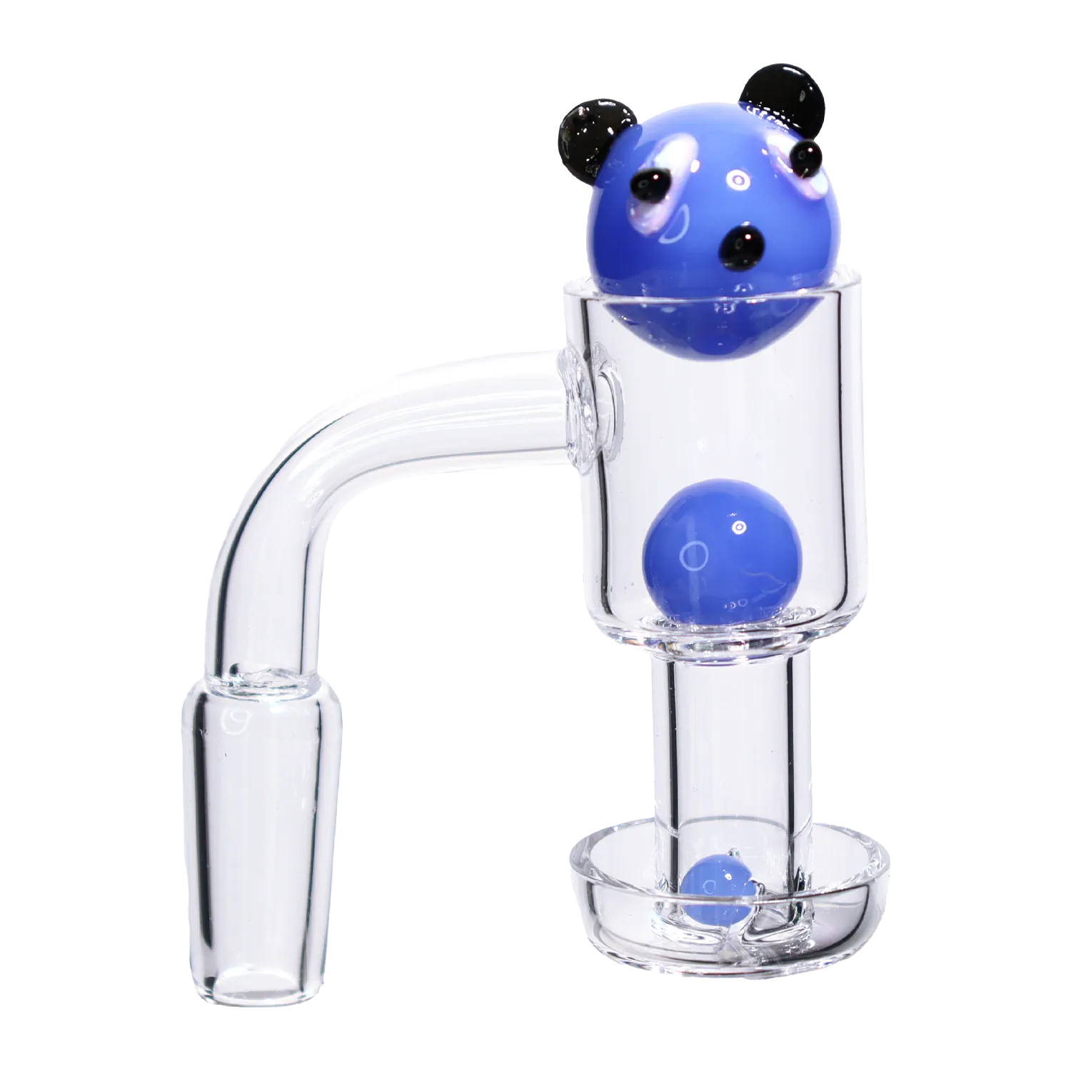 Close-up side view of the DHC Bear Terp Slurper Banger Set - 14mm showing a clear glass chamber with a blue bear-head carb cap and blue marble accent inside.