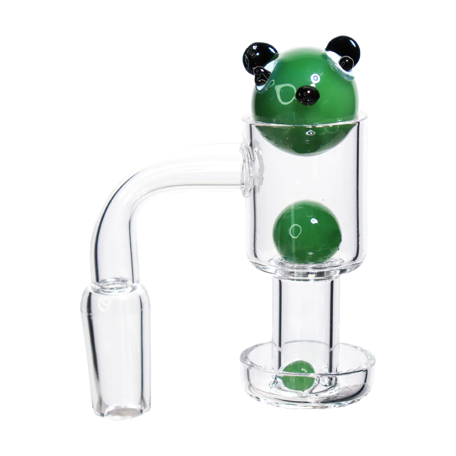 Close-up side view of the DHC Bear Terp Slurper Banger Set - 14mm showing its clear glass chamber with three glossy green bear-eyed marbles inside.