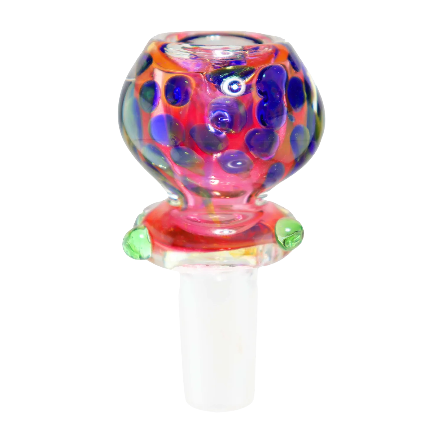Close-up front view of the DHC Twisted Multicolor Ring Bowl - 14mm showing a rounded, pink glass bowl patterned with raised blue dots and green nubs.