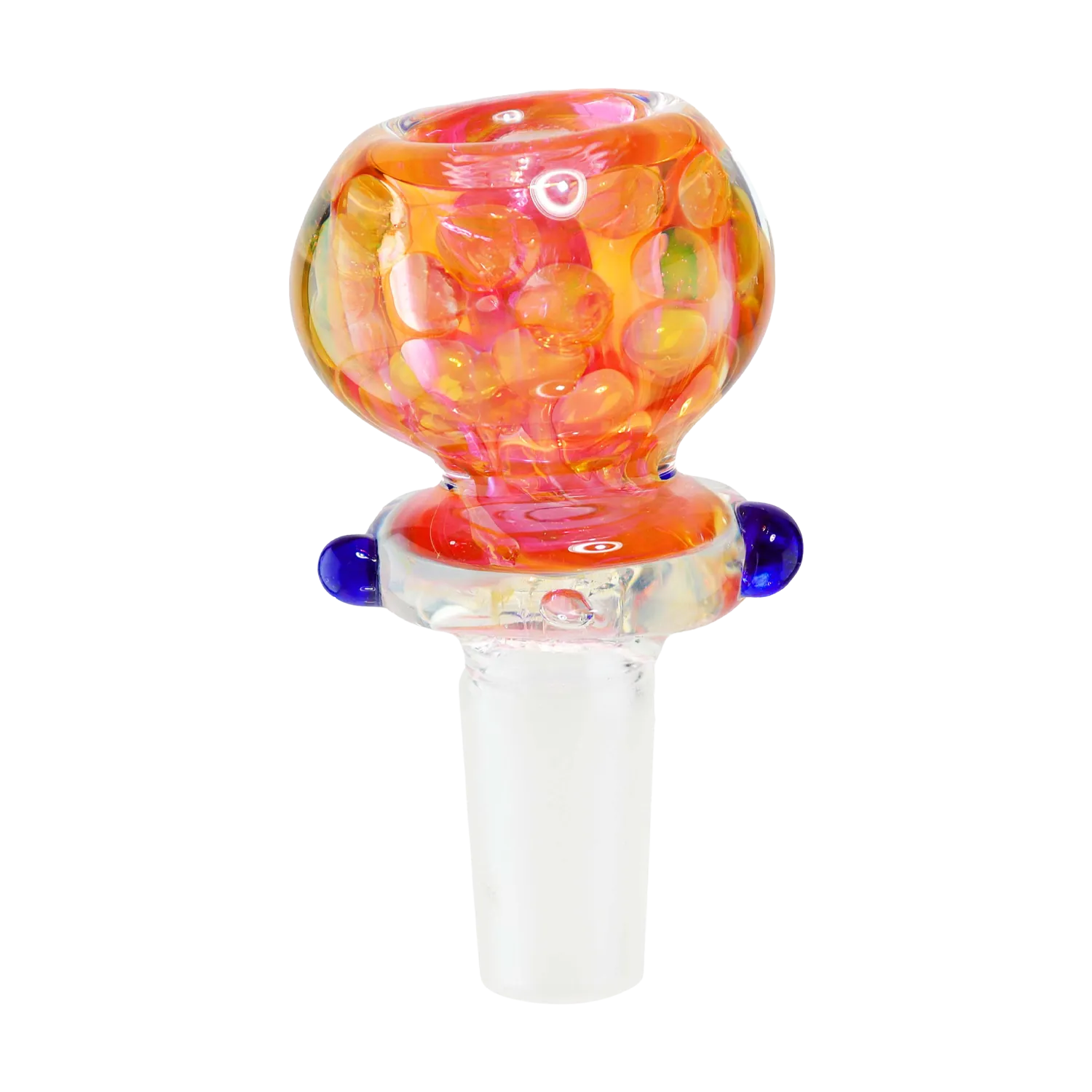 Close-up front view of the DHC Twisted Multicolor Ring Bowl - 14mm showing an orange-pink bubbled glass cup with blue side beads on a clear glass stem