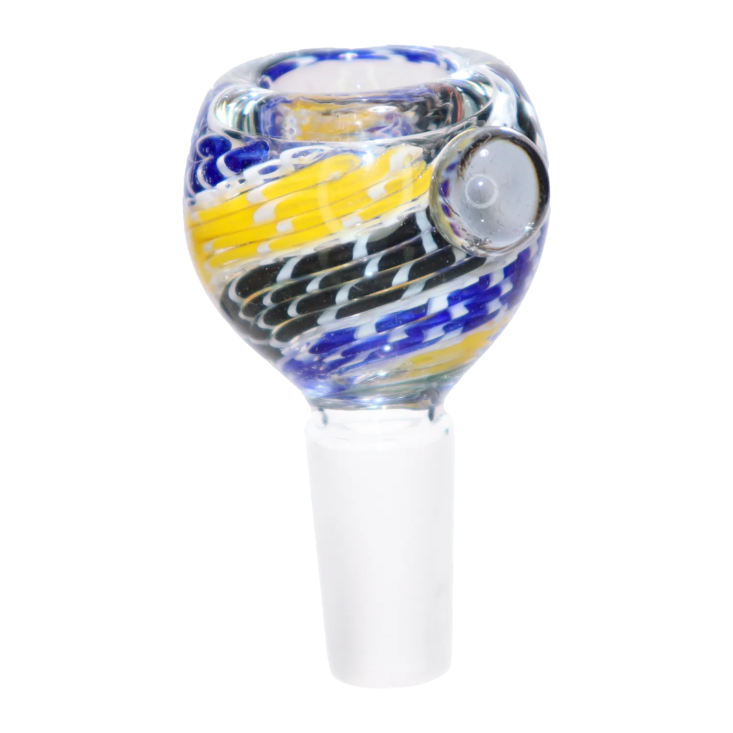 Close-up front view of the DHC Curvy Piping Bowl - 14mm showing its rounded glass bowl with blue, yellow, black and white twisted cane patterns against a white background.
