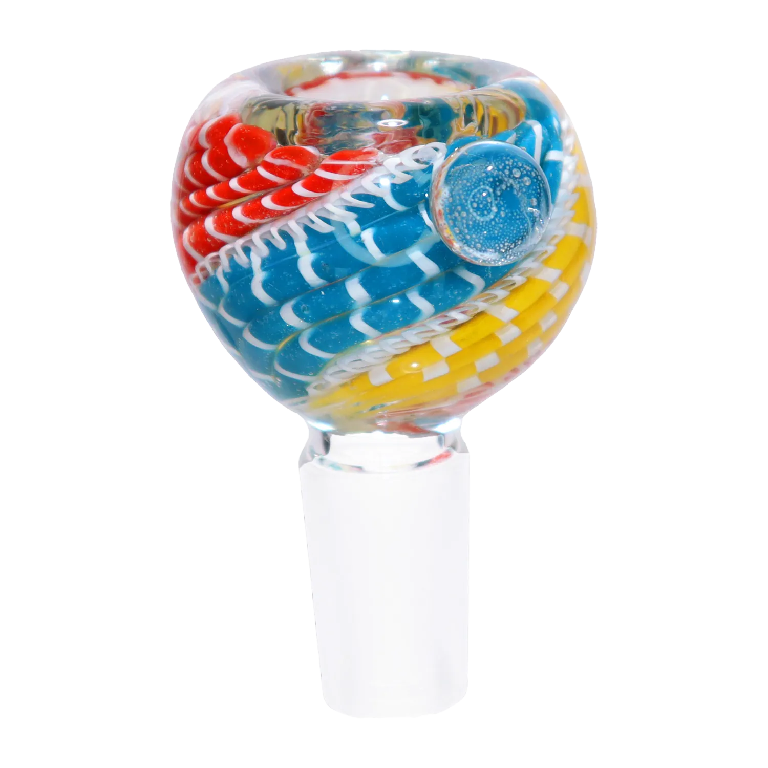 Close-up front view of the DHC Curvy Piping Bowl - 14mm showing multicolored red, blue, and yellow twisted glass ribbons under soft studio lighting.