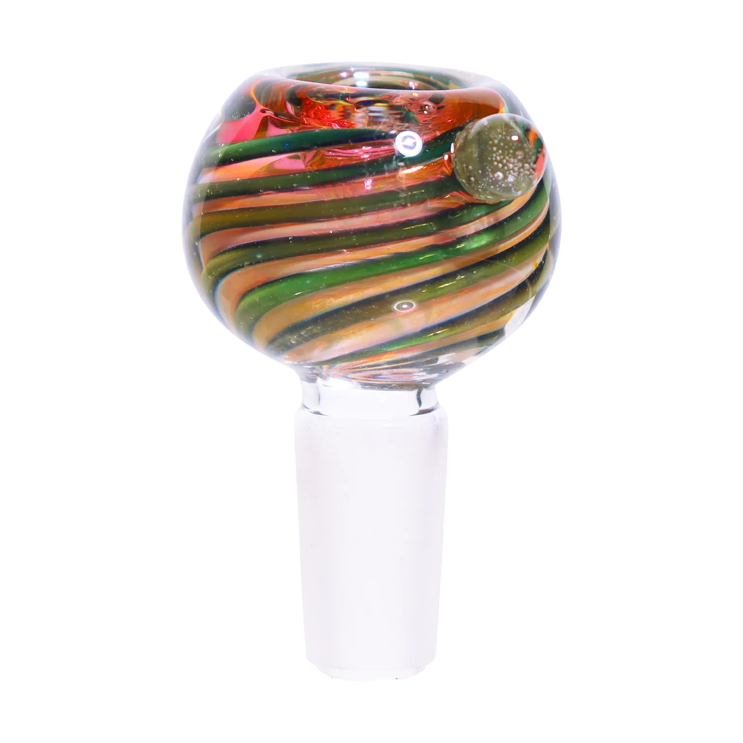 Close-up front view of the DHC Pink and Green Swirl Bowl - 14mm showing its rounded glass head with diagonal pink and green spiral stripes and a small side marble against a white background