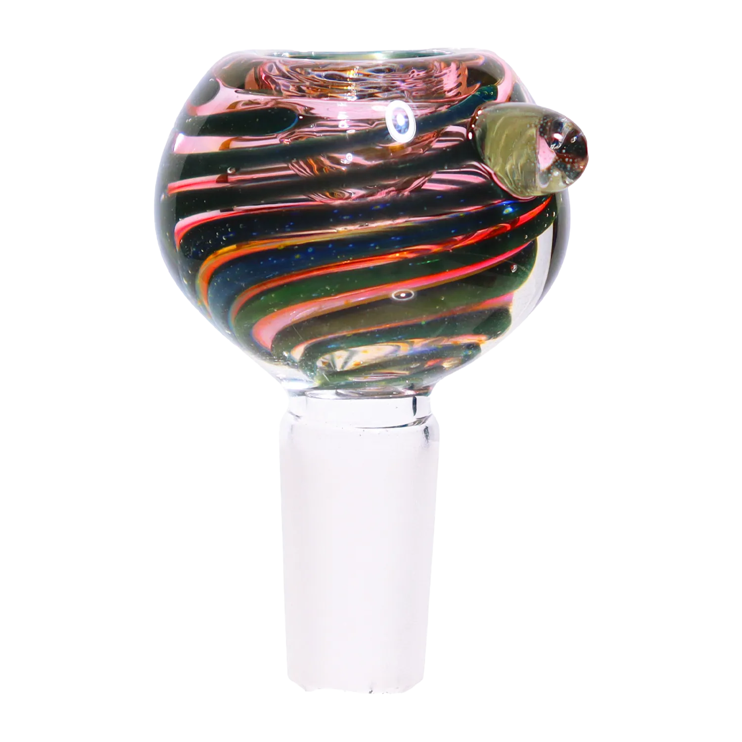 Close-up front view of the DHC Pink and Green Swirl Bowl - 14mm showing a rounded glass bowl with spiraled pink and green bands and a small side handle.