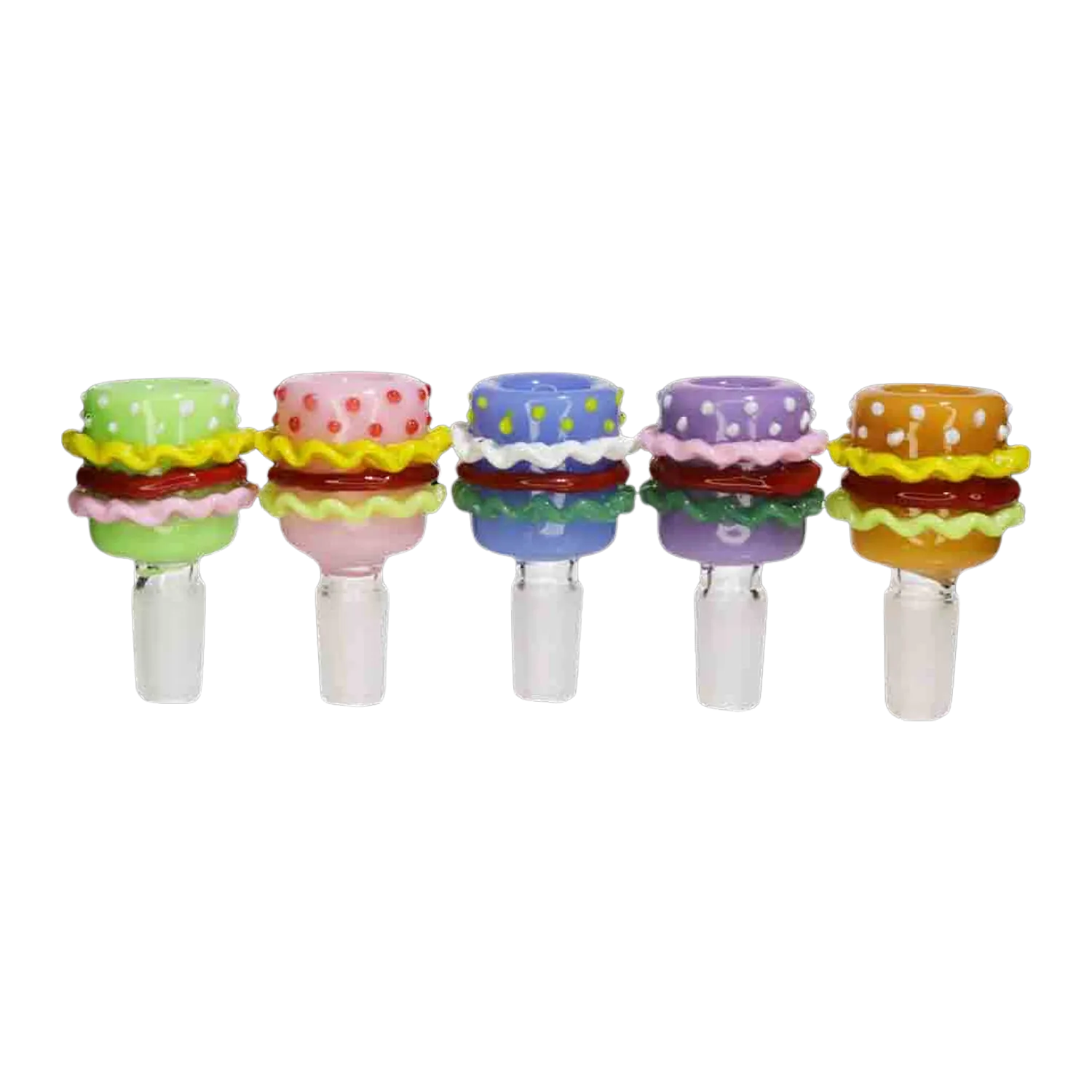 Row of five colorful DHC Donut Burger Bowl - 14mm | Assorted Colors pieces shown front-on with glossy reflections on a white background
