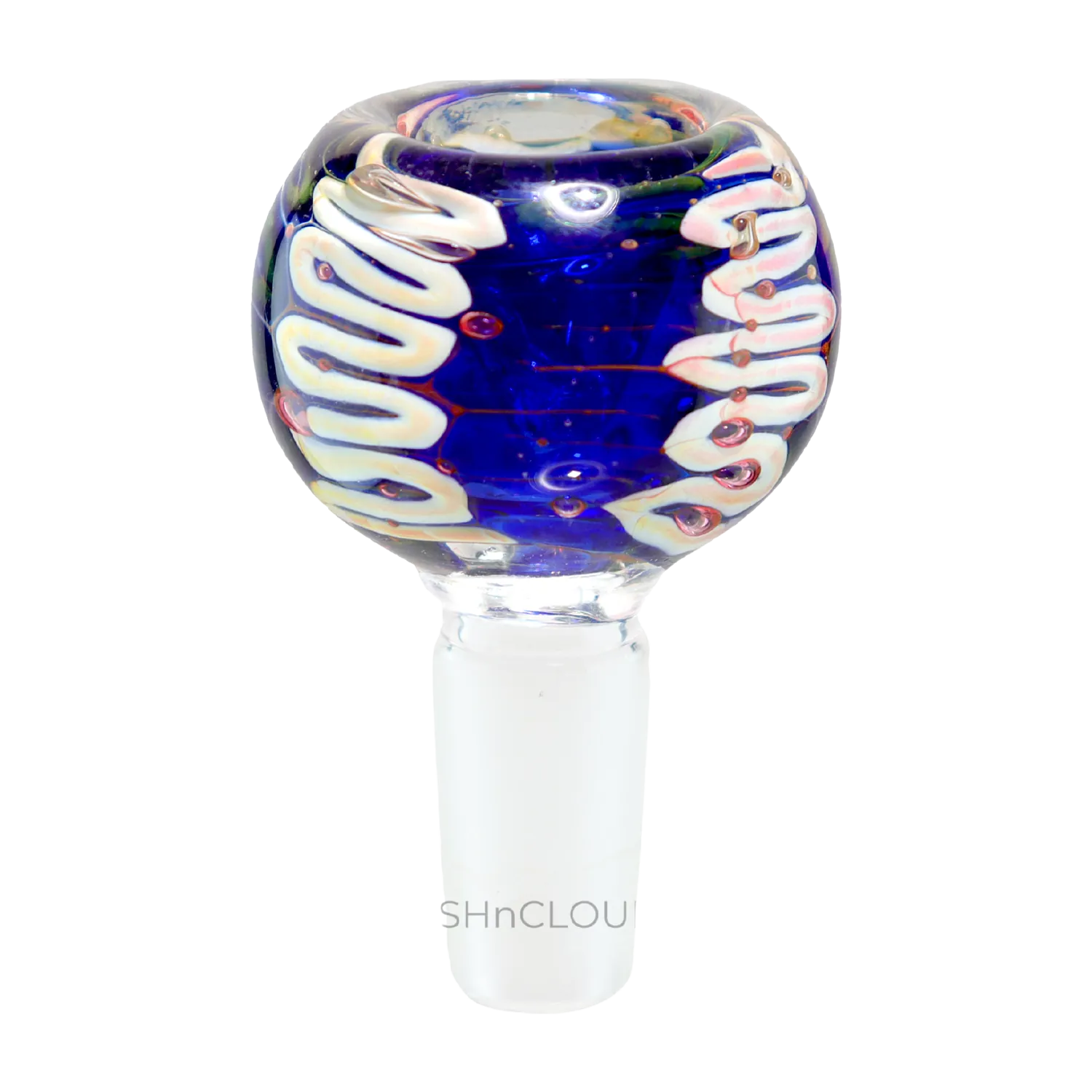 Close-up front view of the DHC Plaited Glass Bowl - 14mm showing a rounded deep blue head with white plaited ribbon patterns and a clear joint stem.