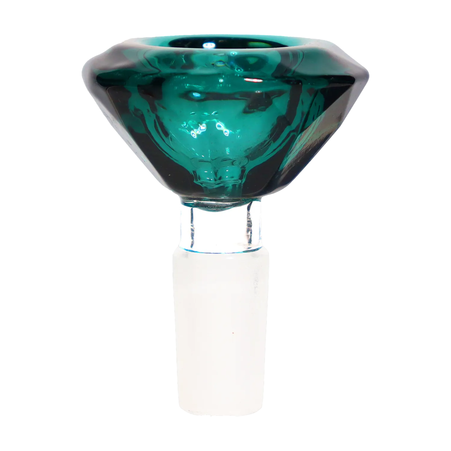 Close-up front view of the teal glass DHC Deluxe Diamond Bowl - 14mm showing its faceted, diamond-shaped bowl and clear frosted joint against a white background